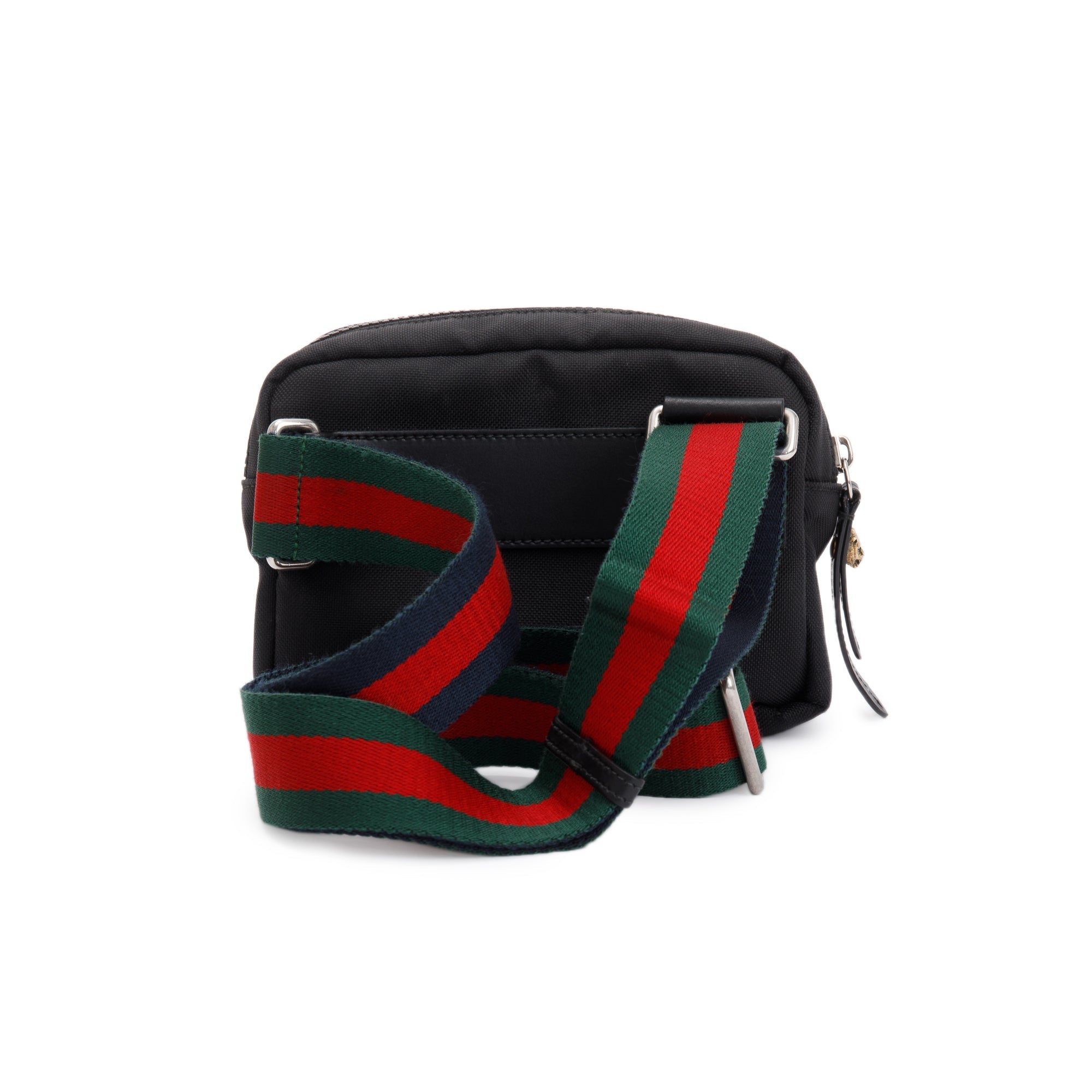 Gucci Small Black Techno Canvas Web Tiger Embroidered Belt Bag
