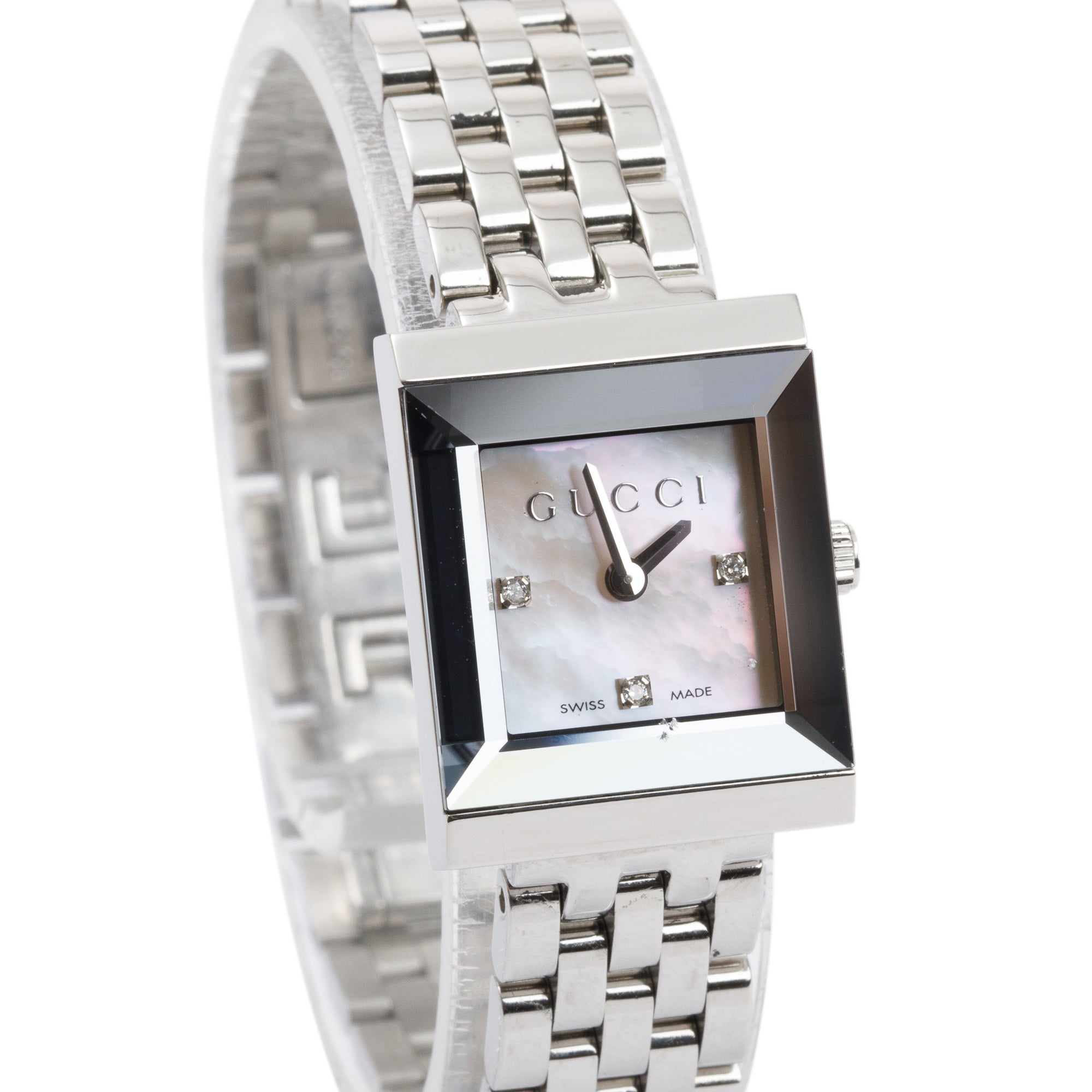 Gucci Stainless Steel G-Frame Pink Mother of Pearl Diamond Dial Watch