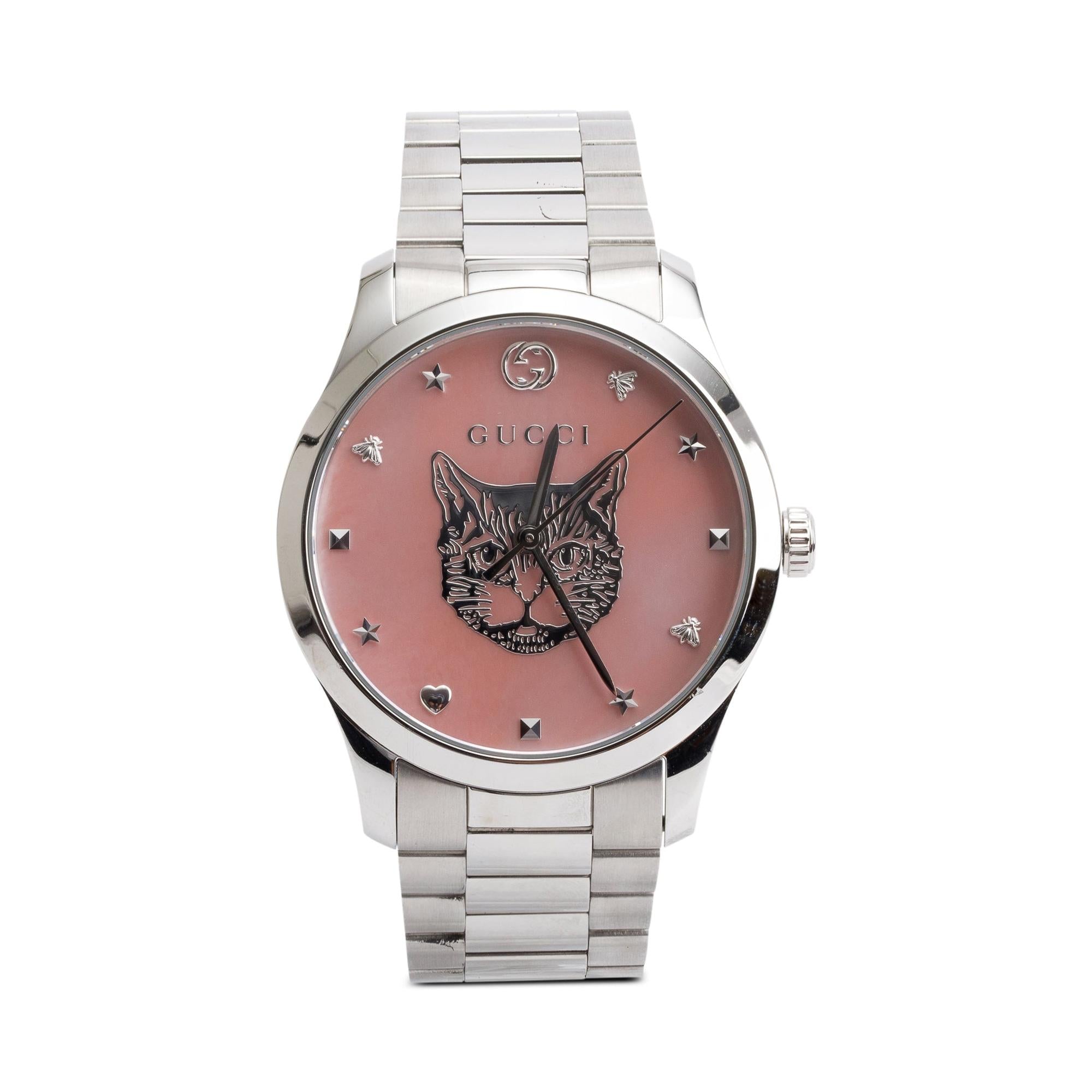 Gucci Stainless Steel G-Timeless Pink Mother of Pearl Feline Dial 38 MM Quartz Watch