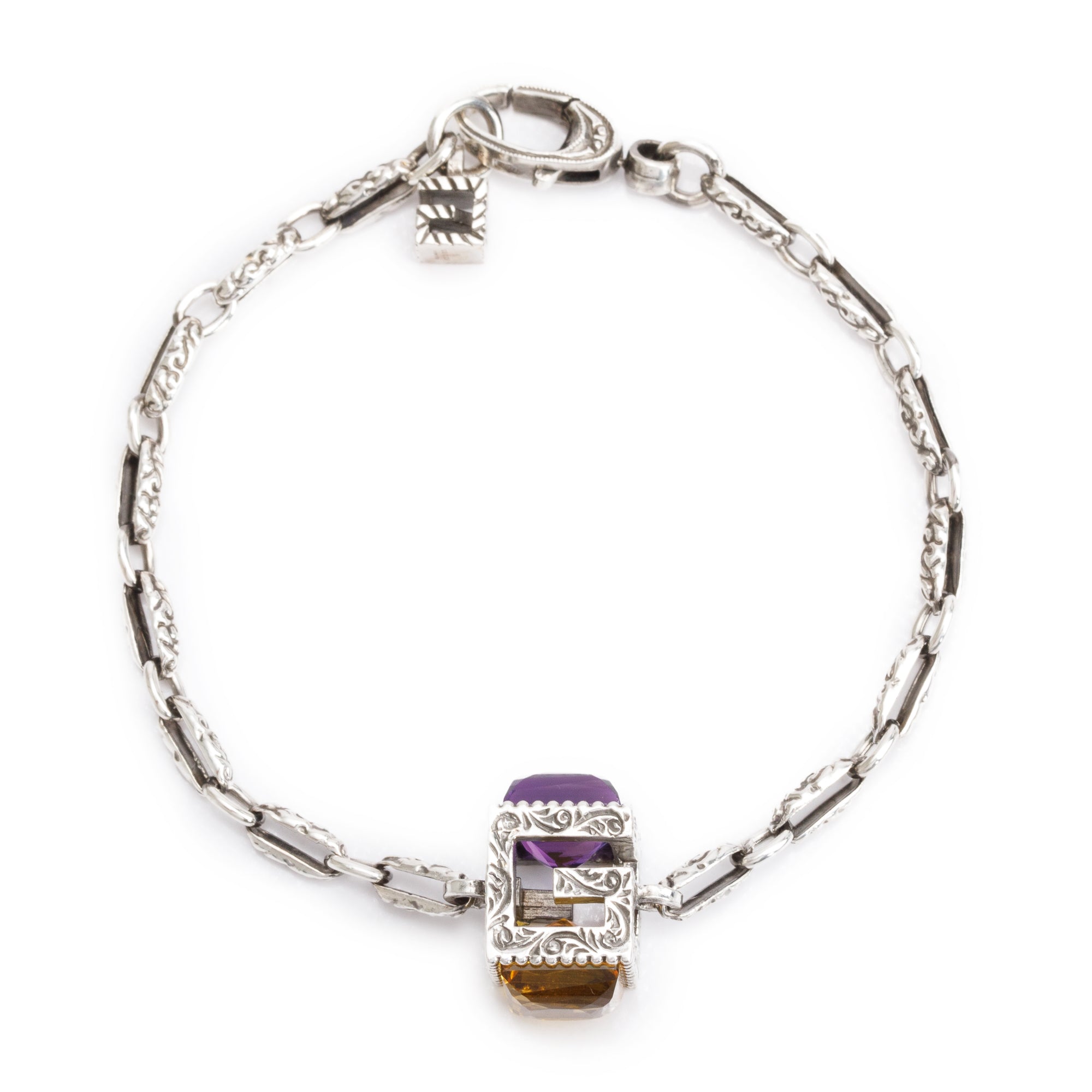 Gucci Sterling Silver Amethyst & Citrine Square G Cube Bracelet