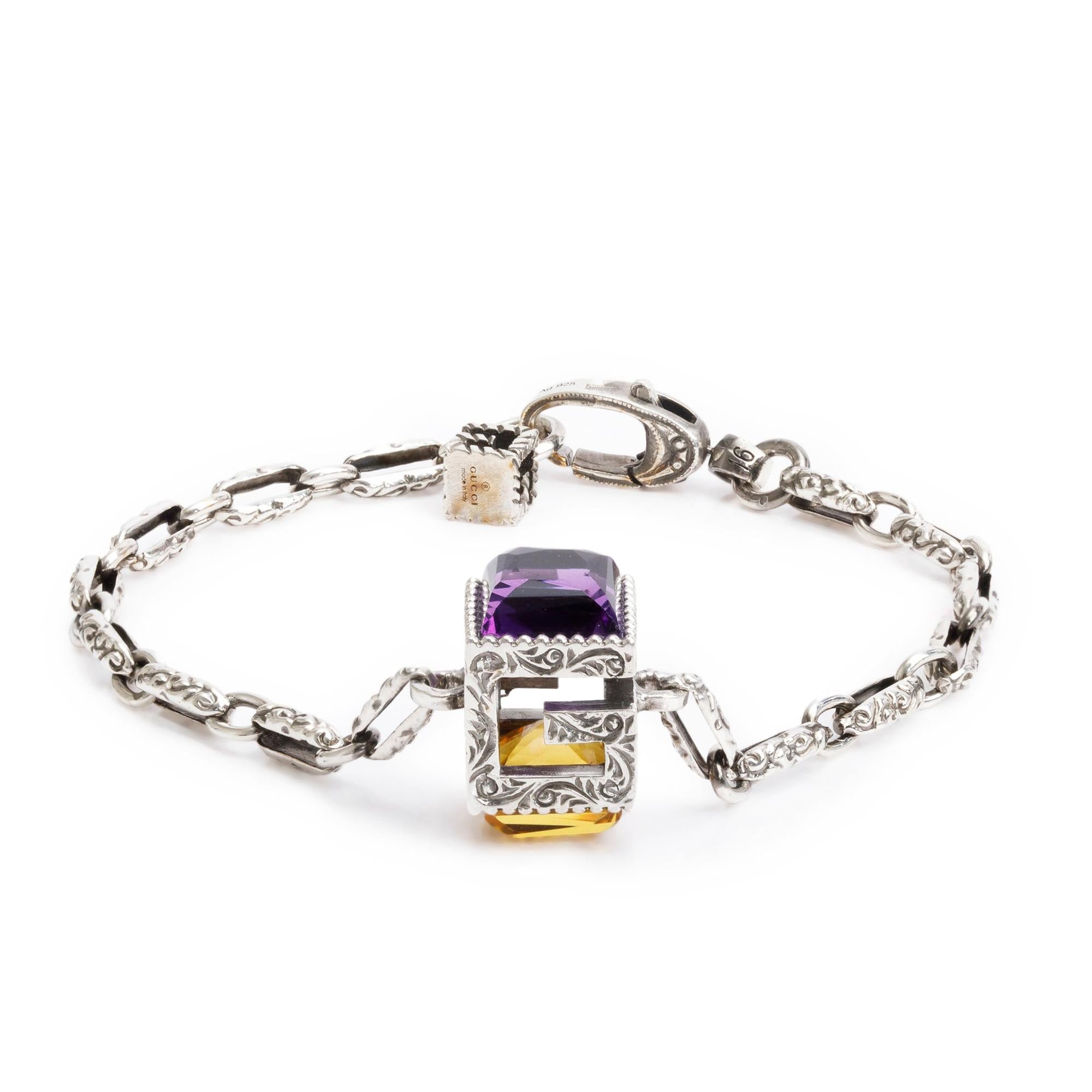 Gucci Sterling Silver Amethyst & Citrine Square G Cube Bracelet