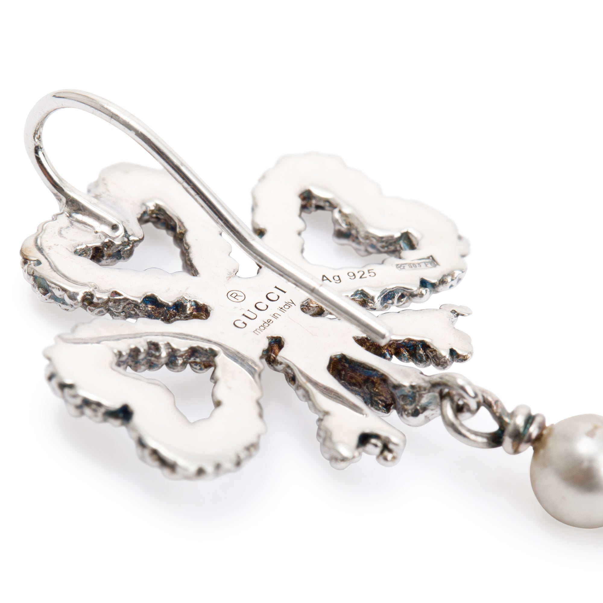 Gucci Sterling Silver Aureco Faux Pearl Drop Earrings w/ Box