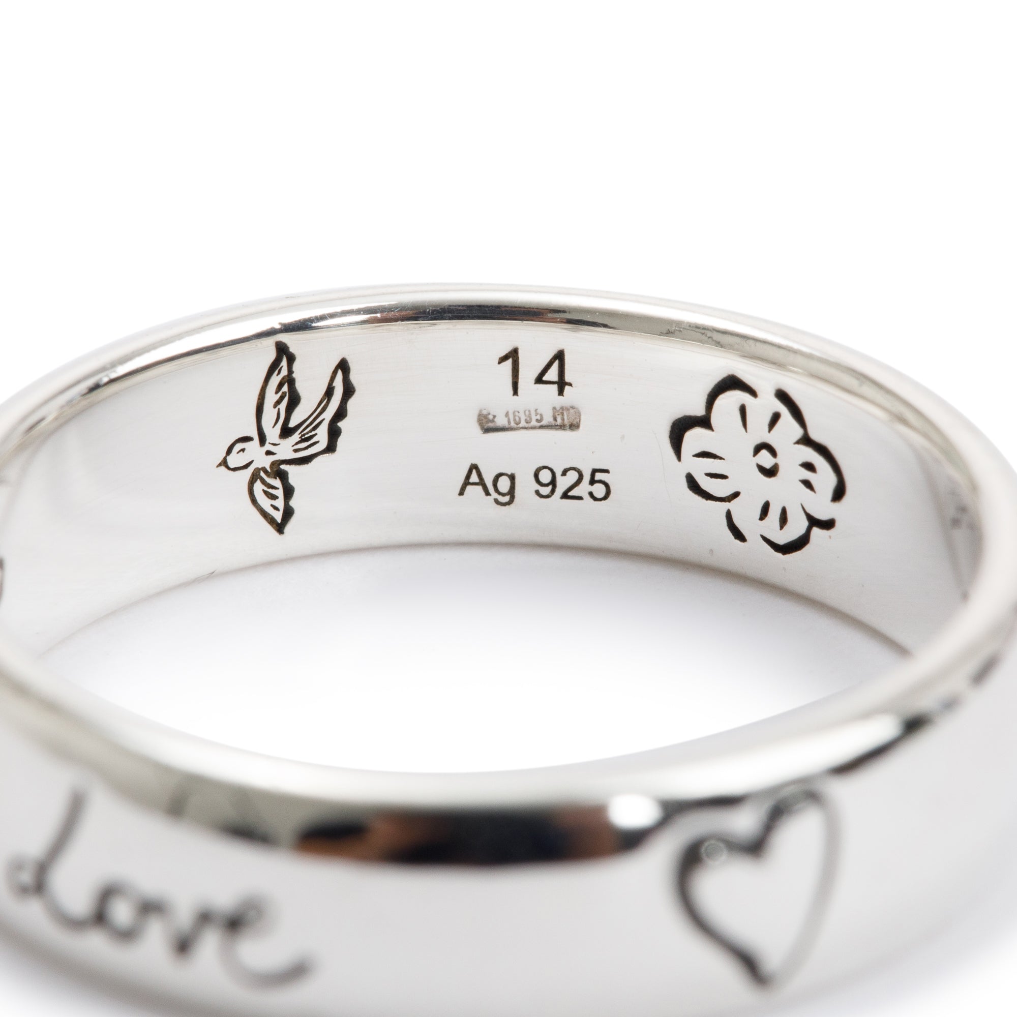 Gucci Sterling Silver Blind for Love 5 MM Band Ring, Size 14 6.75