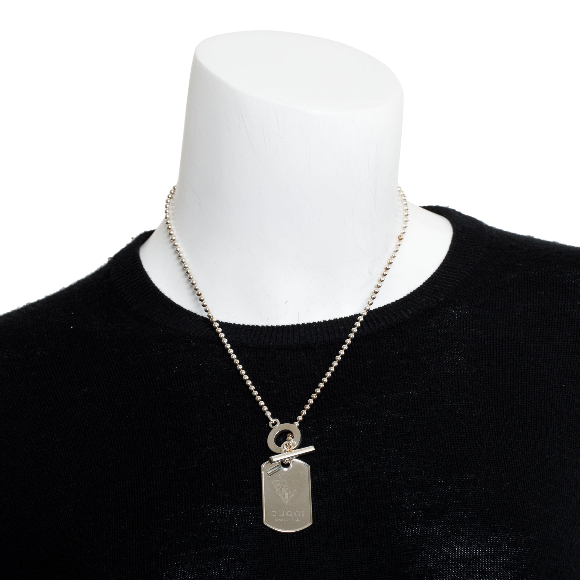 Gucci Sterling Silver Crest Dog Tag Pendant Toggle Necklace