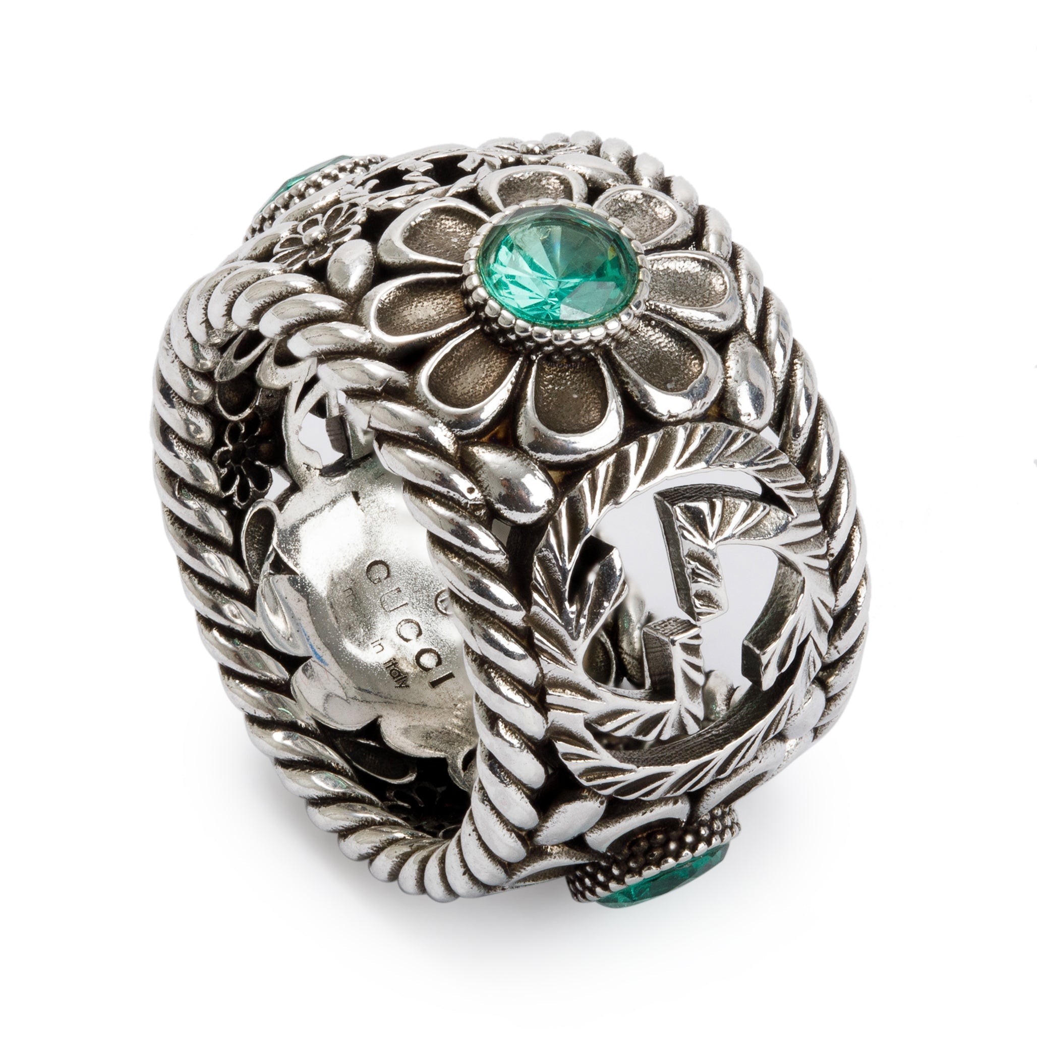 Gucci Sterling Silver Crystal Interlocking G Flower Ring, Size 16 7.5