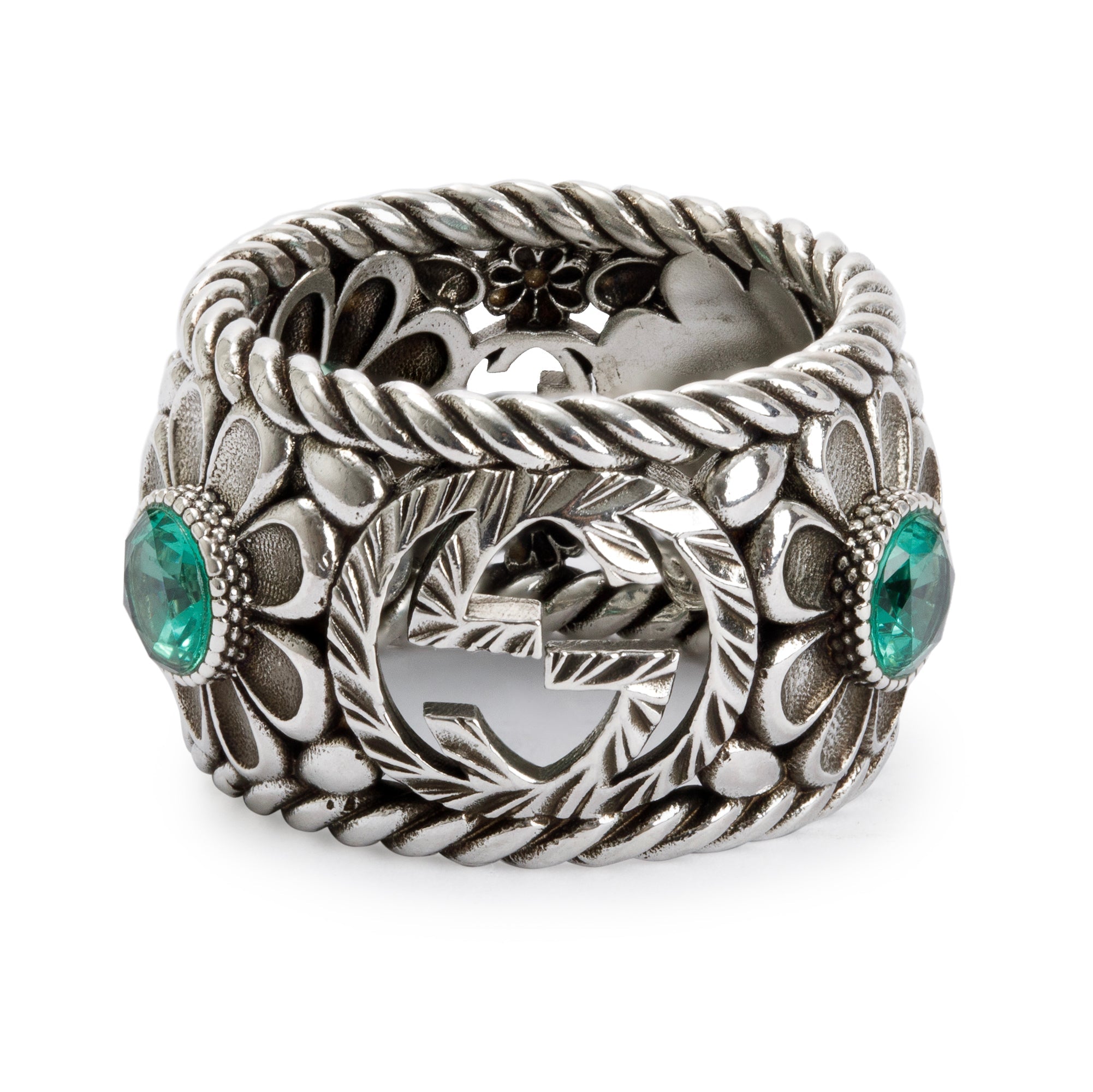 Gucci Sterling Silver Crystal Interlocking G Flower Ring, Size 16 7.5