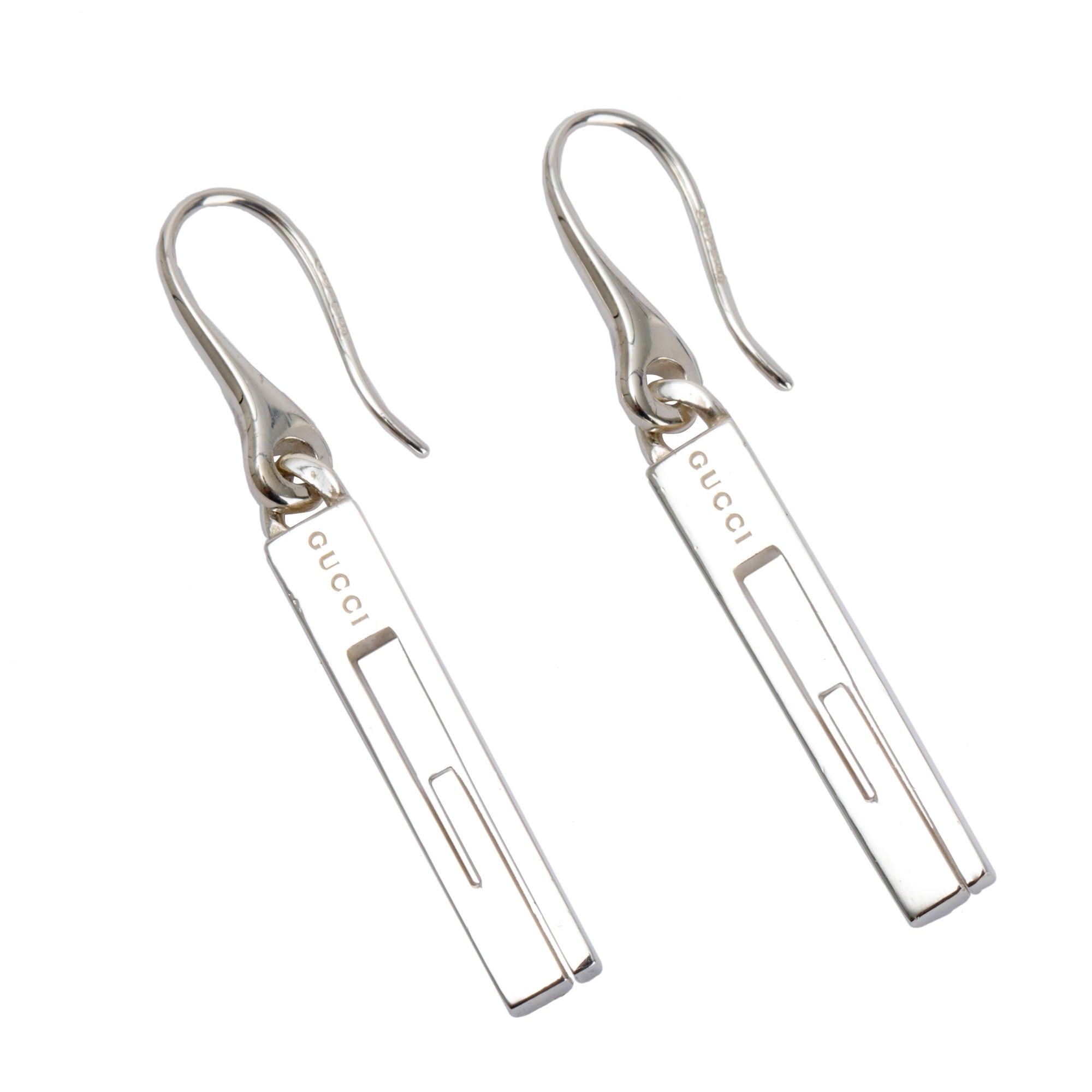 Gucci Sterling Silver Cut Out G Drop Hook Earrings