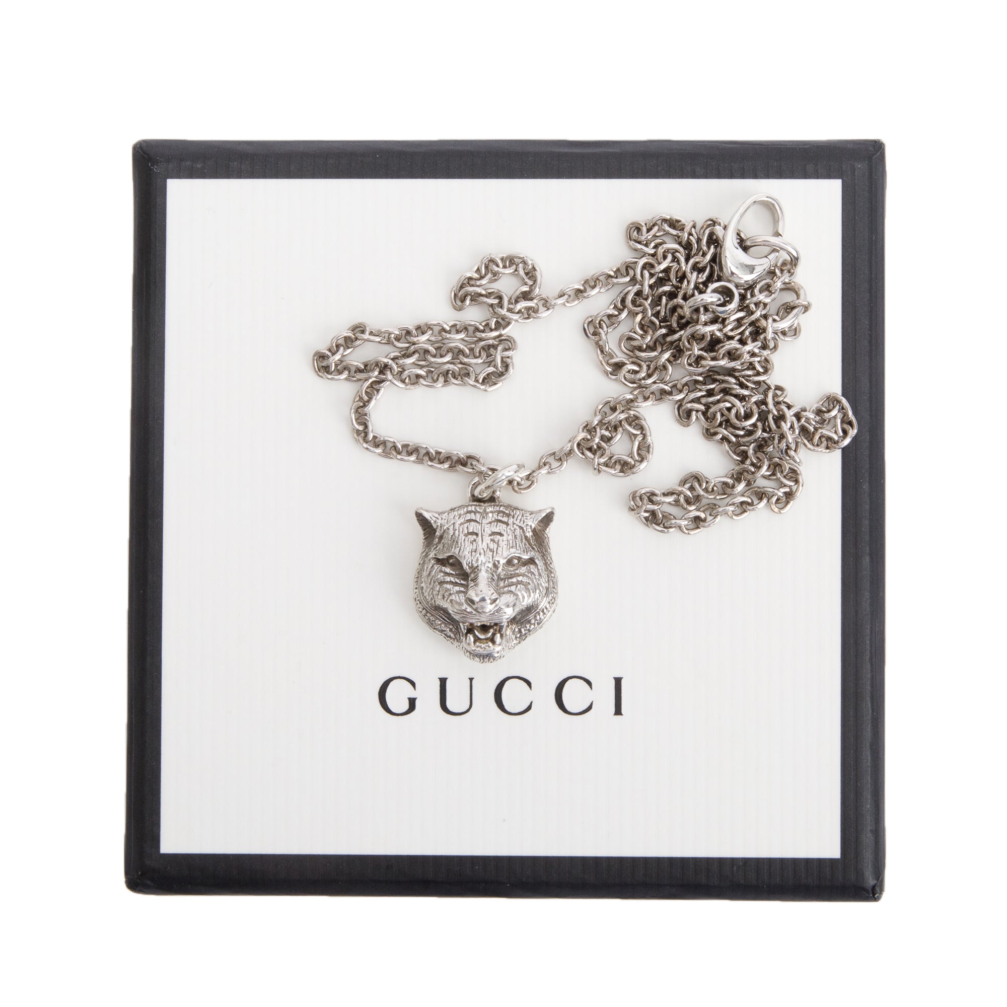 Gucci Sterling Silver Feline Head Pendant Necklace w/ Box