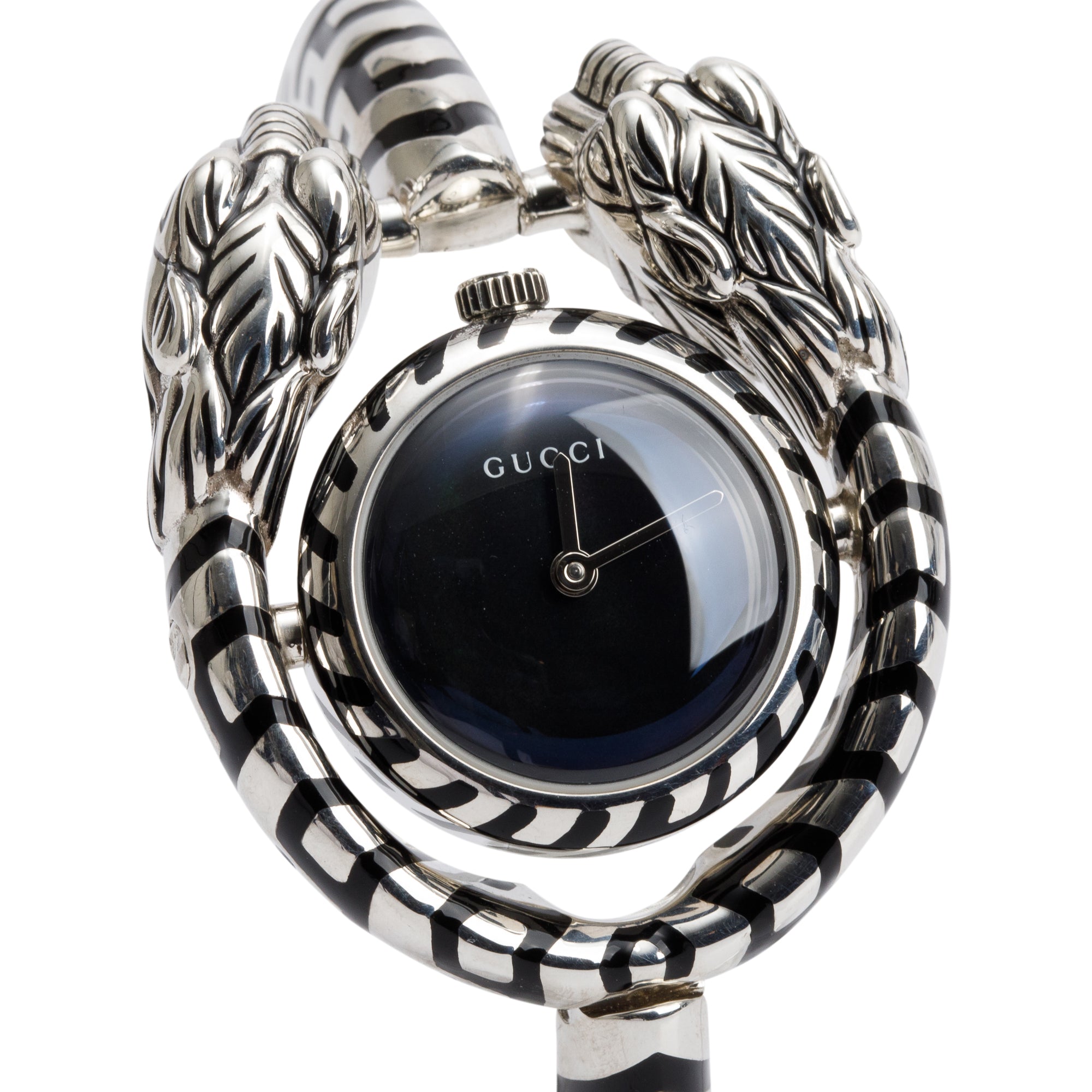 Gucci Sterling Silver Greek God Dionysus Black Mother of Pearl Dial 23 MM Quartz Watch