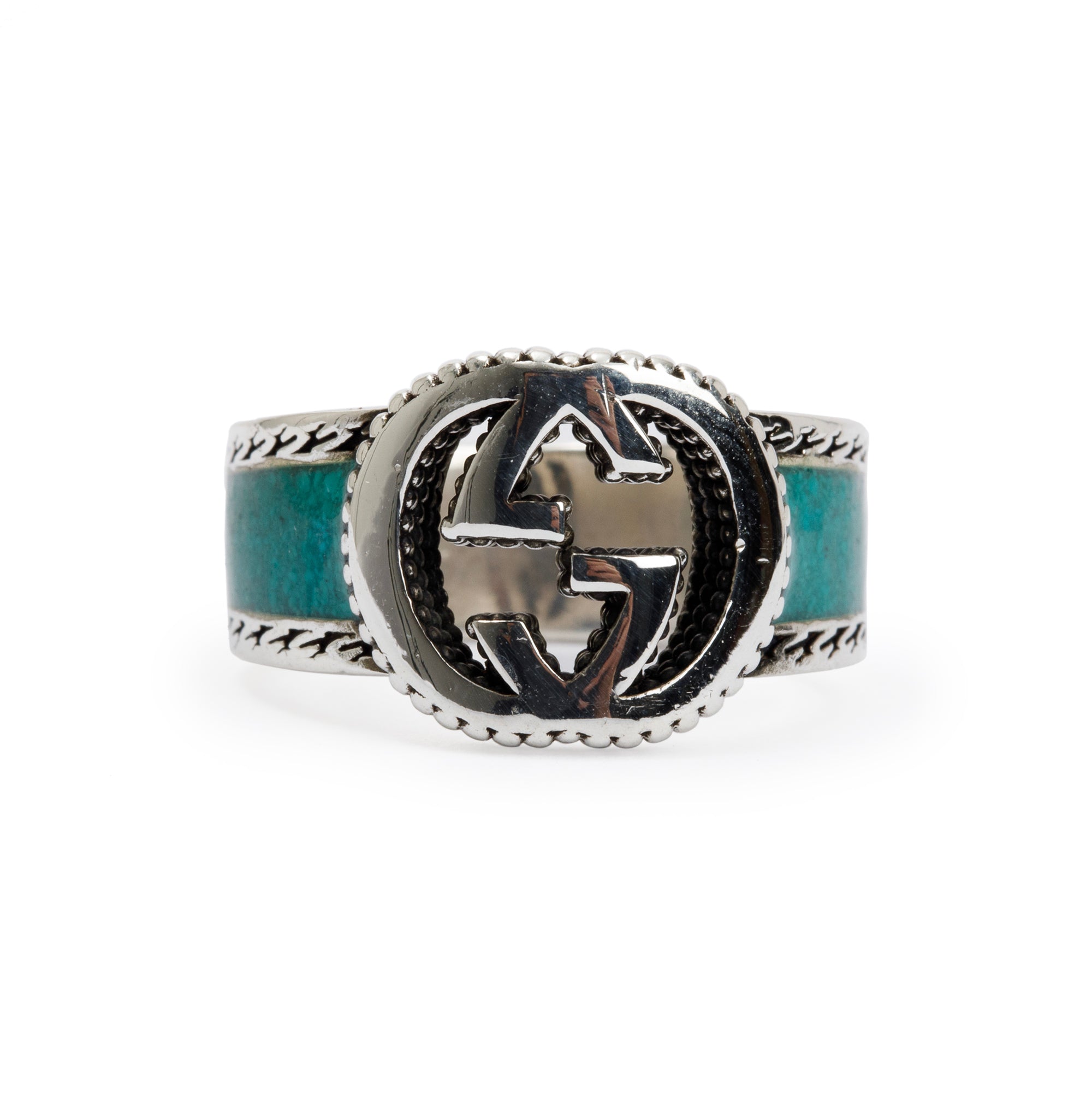 Gucci Sterling Silver & Green Enamel Interlocking G Signet Ring, Size 13 6