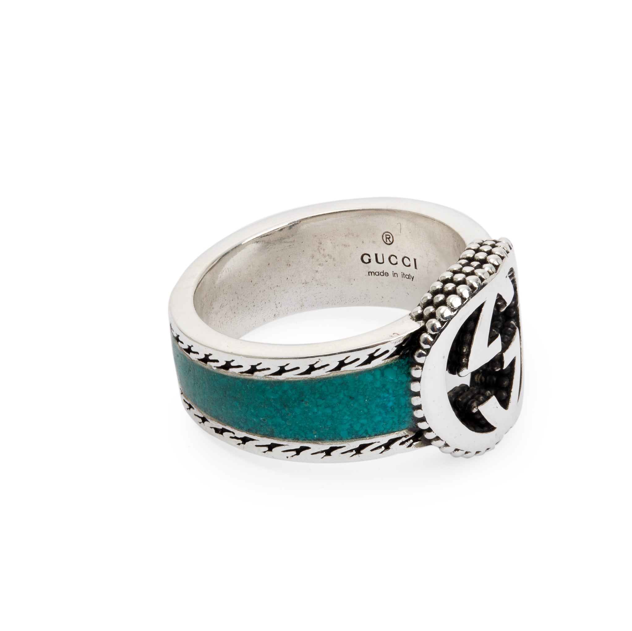 Gucci Sterling Silver & Green Enamel Interlocking G Signet Ring, Size 13 6