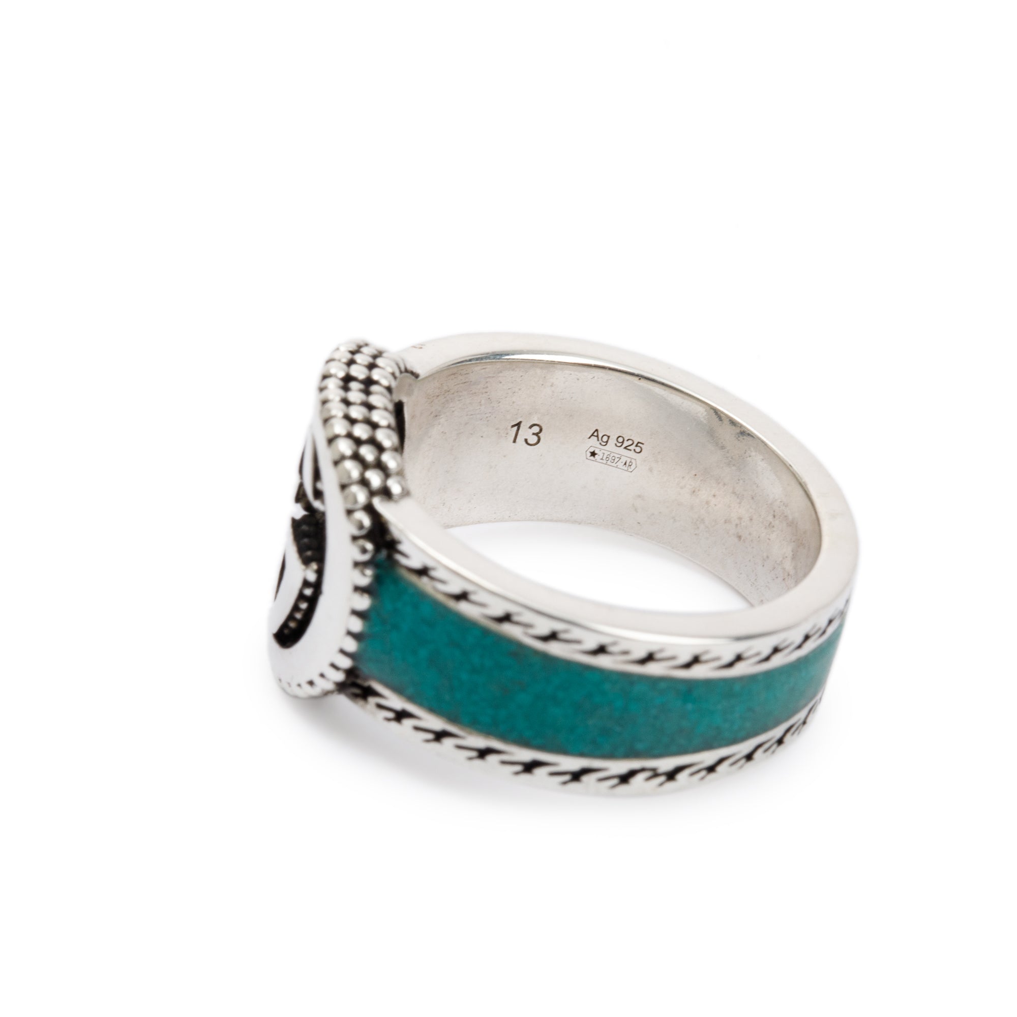 Gucci Sterling Silver & Green Enamel Interlocking G Signet Ring, Size 13 6