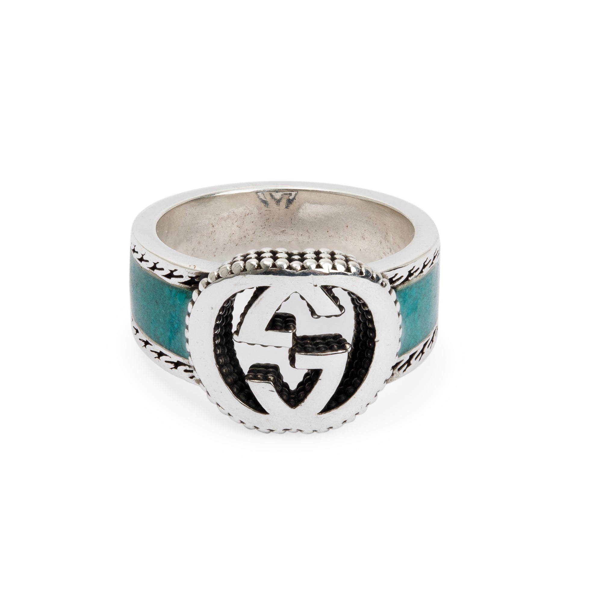 Gucci Sterling Silver & Green Enamel Interlocking G Signet Ring, Size 13 6