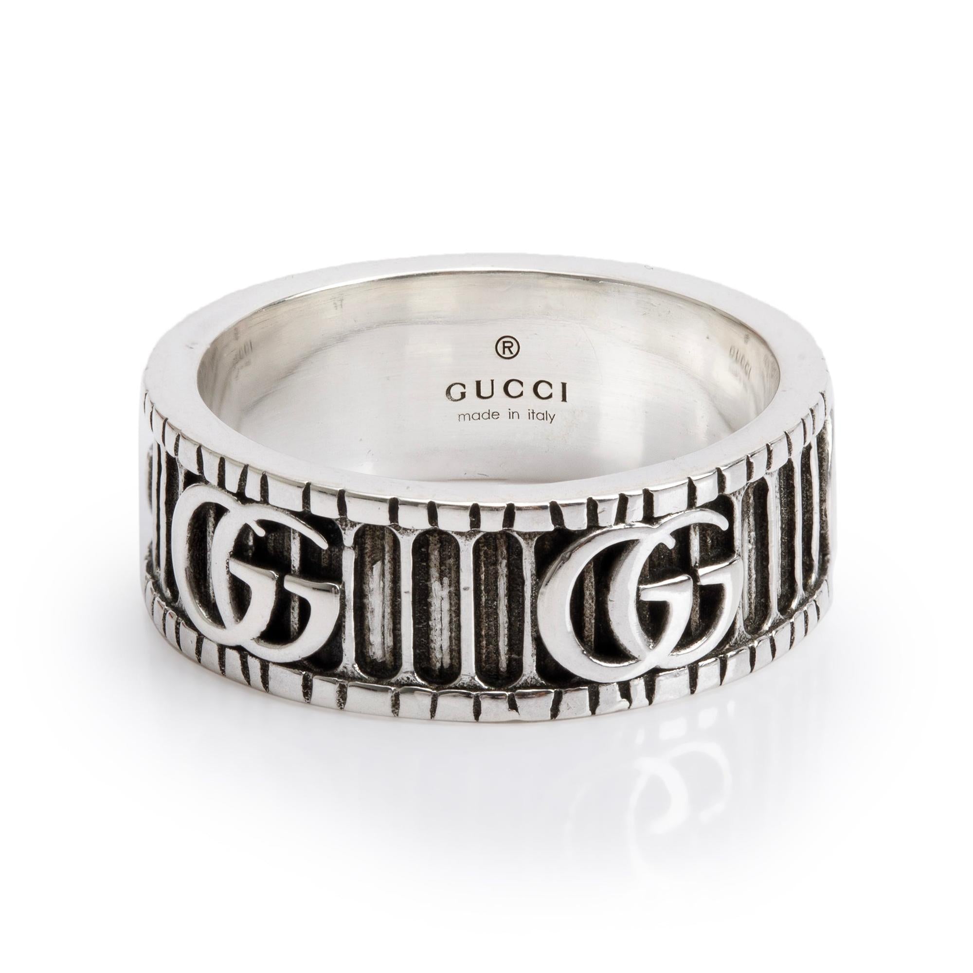 Gucci Sterling Silver Interlocking G Band Ring, Size 17 7.75