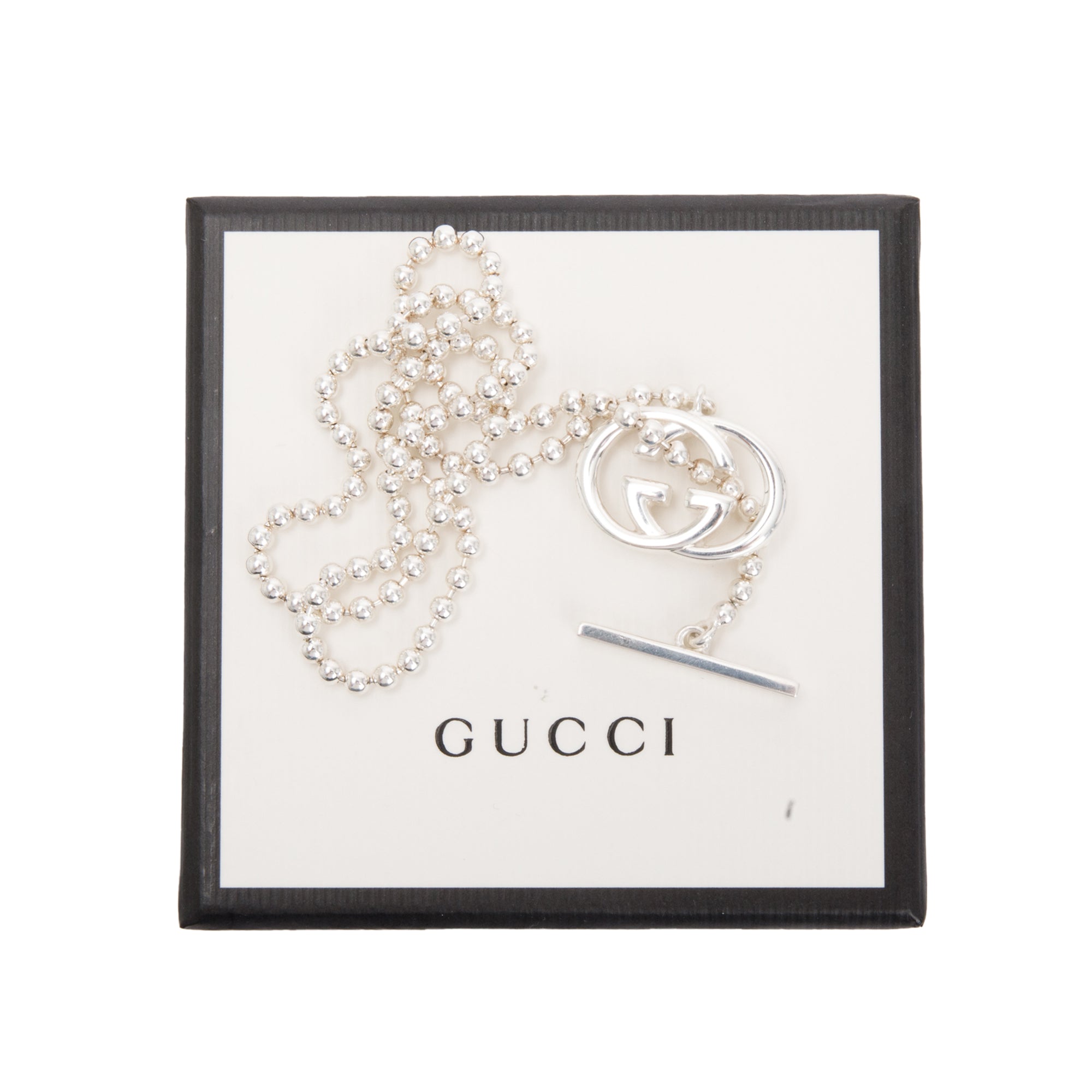 Gucci Sterling Silver Interlocking G Britt Toggle Necklace w/ Box