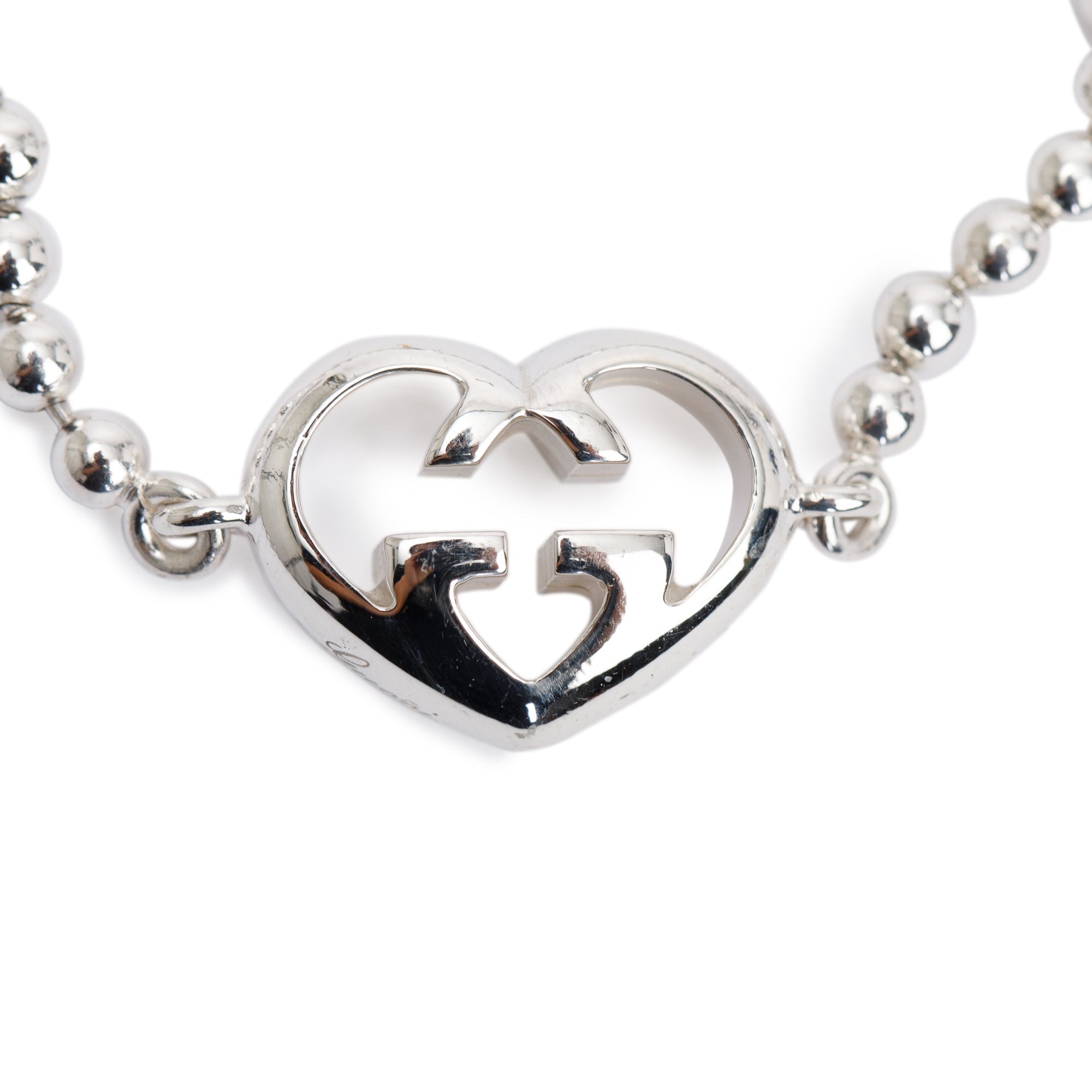 Gucci Sterling Silver Interlocking G Heart Bead Bracelet