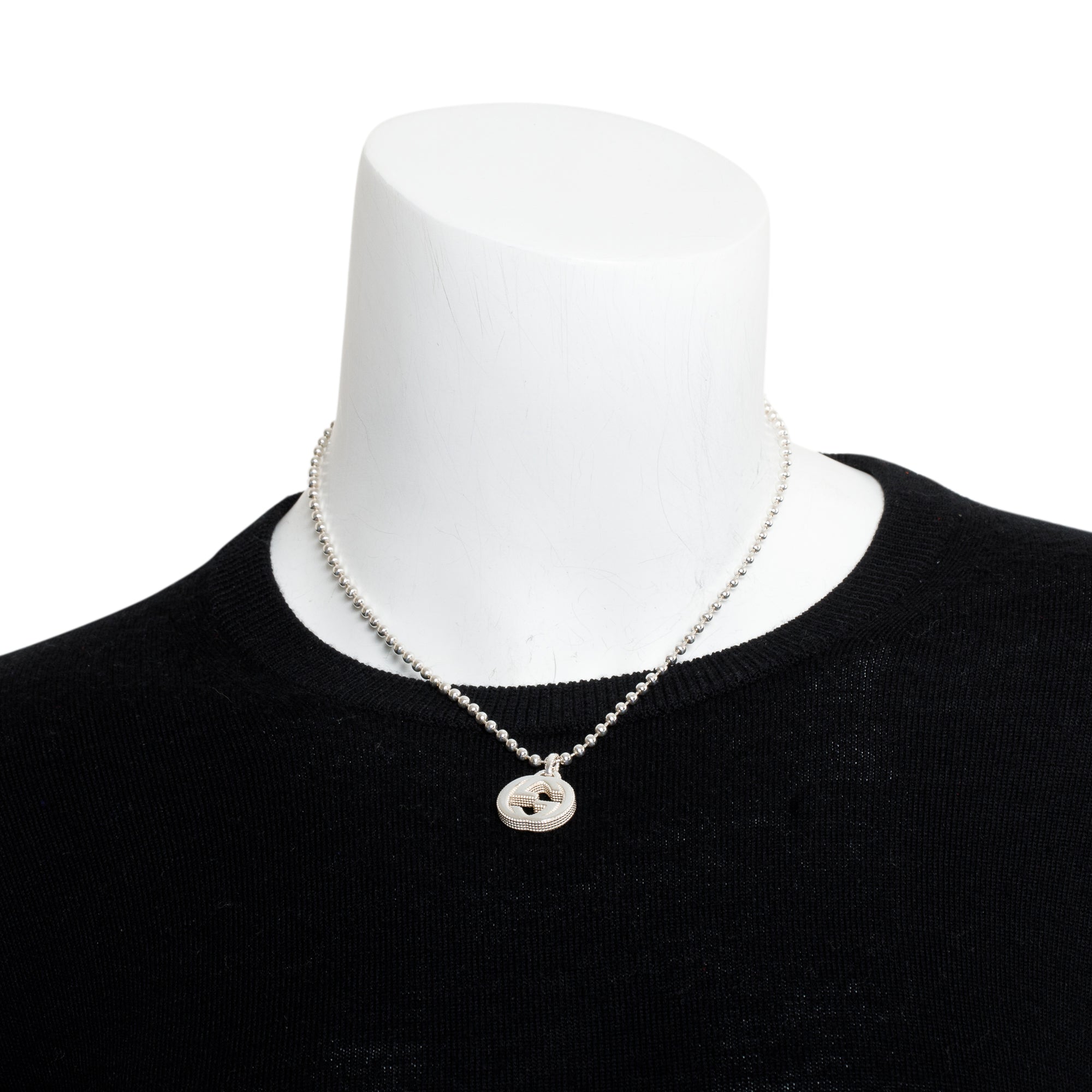 Gucci Sterling Silver Interlocking G Pendant Bead Necklace w/ Box