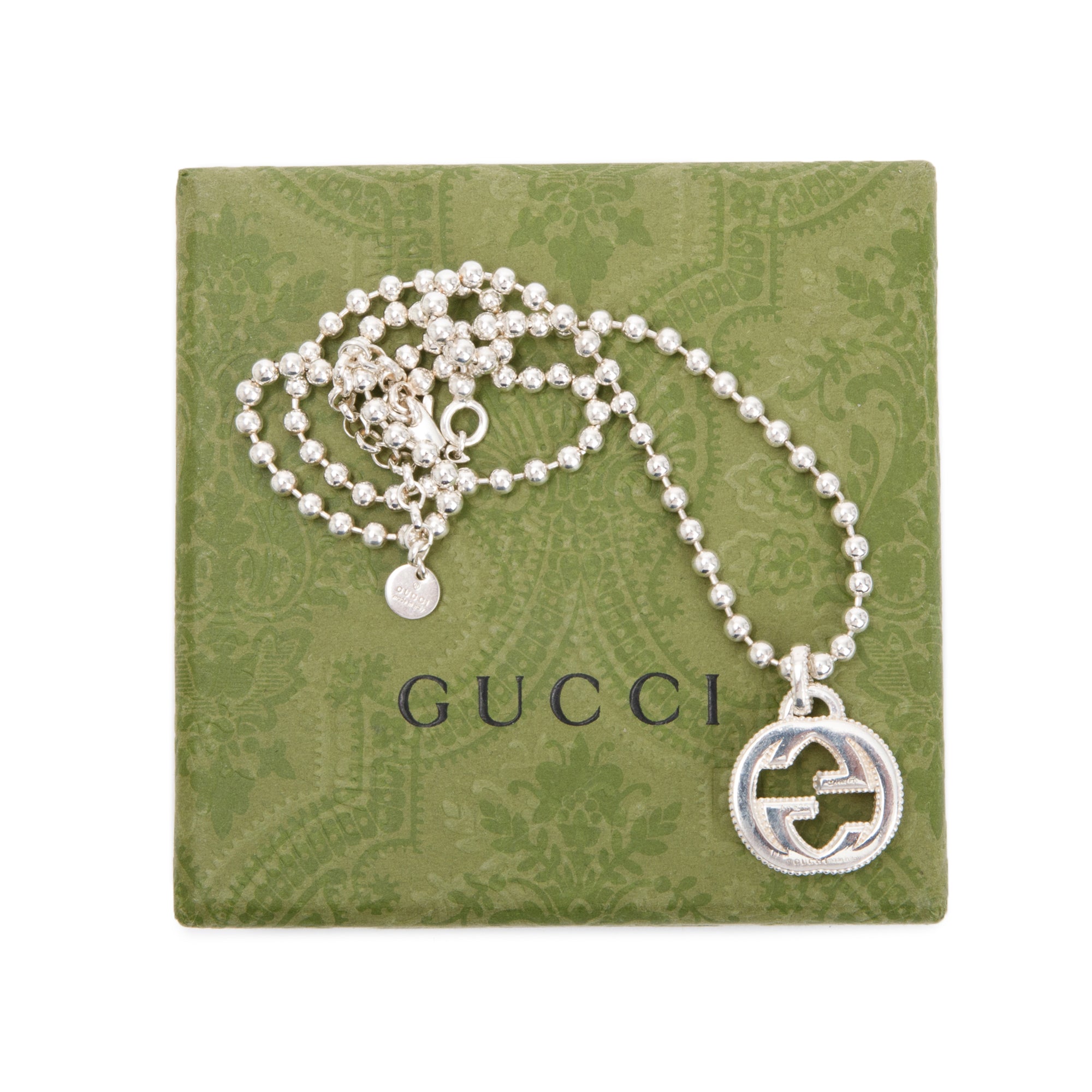 Gucci Sterling Silver Interlocking G Pendant Bead Necklace w/ Box