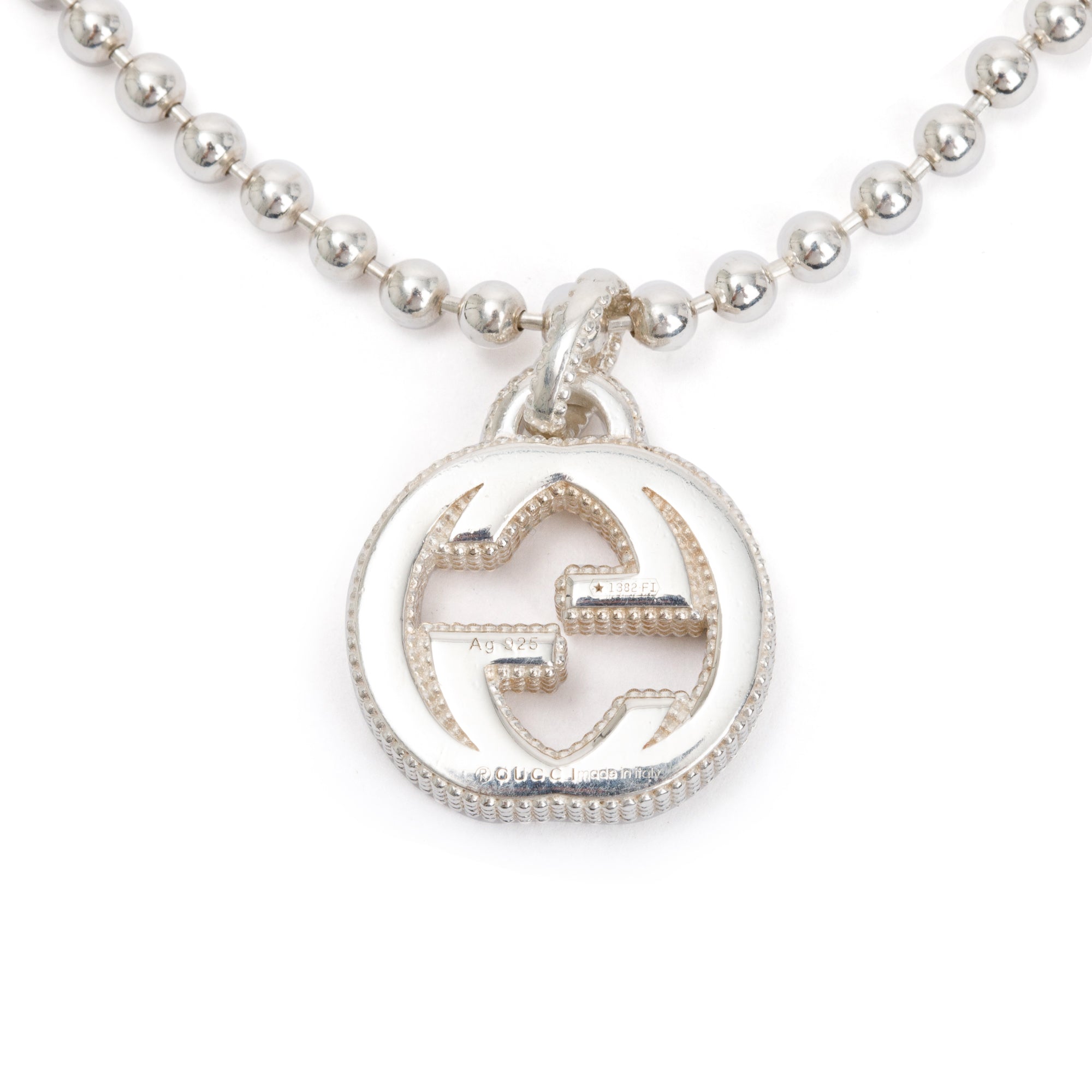 Gucci Sterling Silver Interlocking G Pendant Bead Necklace w/ Box