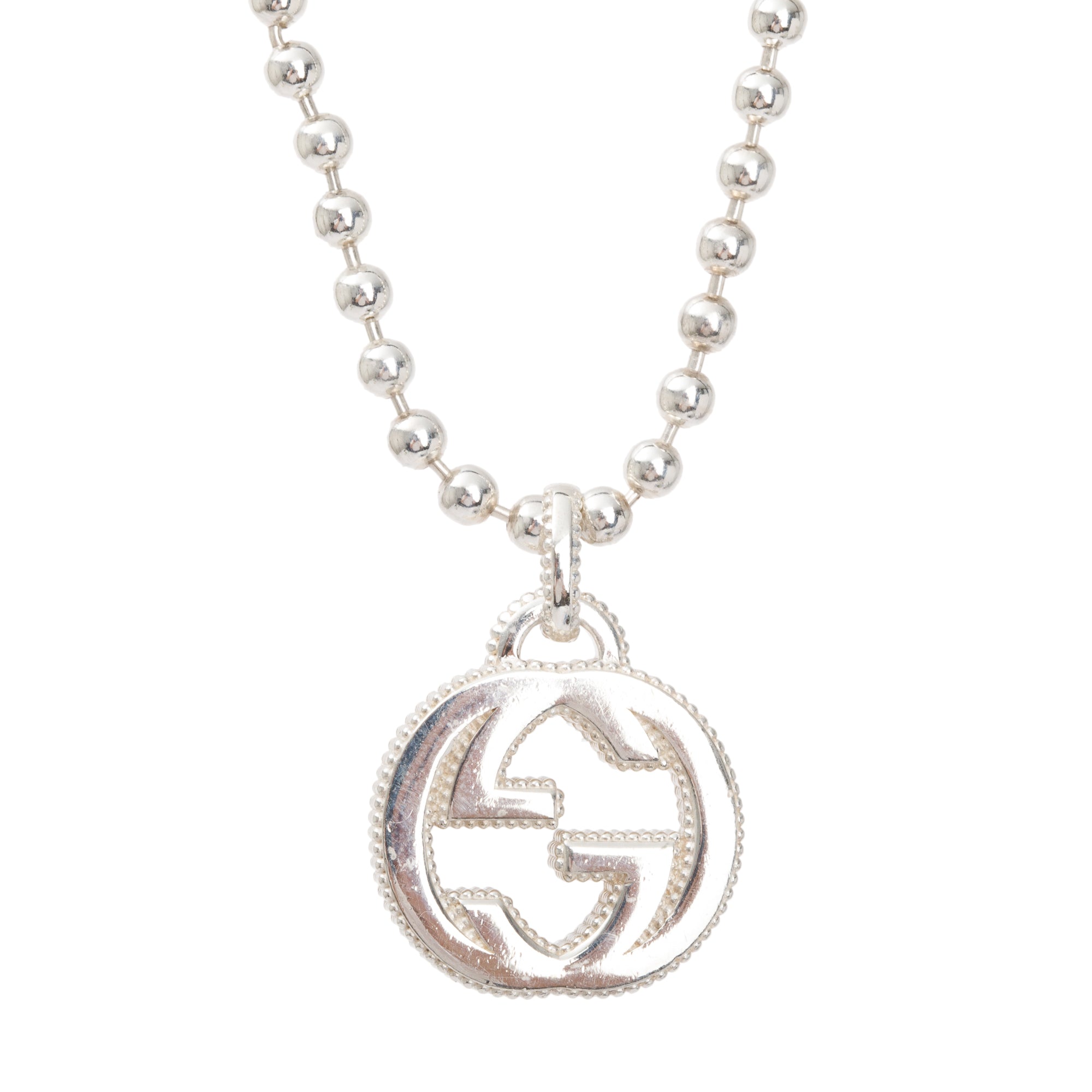 Gucci Sterling Silver Interlocking G Pendant Bead Necklace w/ Box