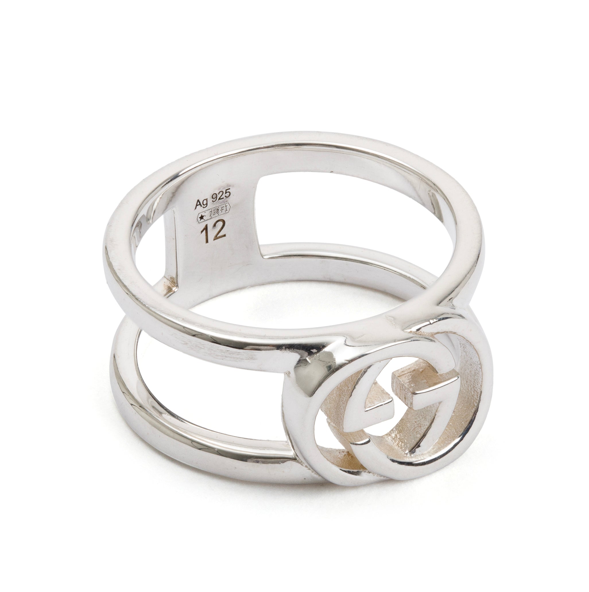 Gucci Sterling Silver Interlocking Wide Open Band Ring, Size 12 6 w/ Box