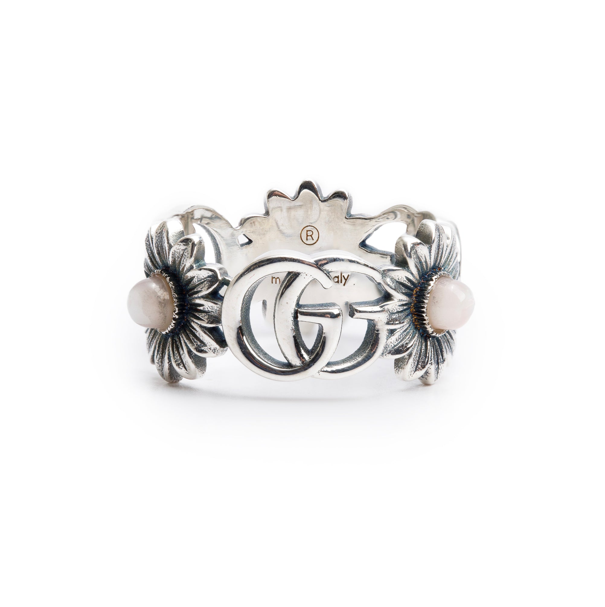 Gucci Sterling Silver Pink Mother of Pearl Double G Ring, Size 11 5.5