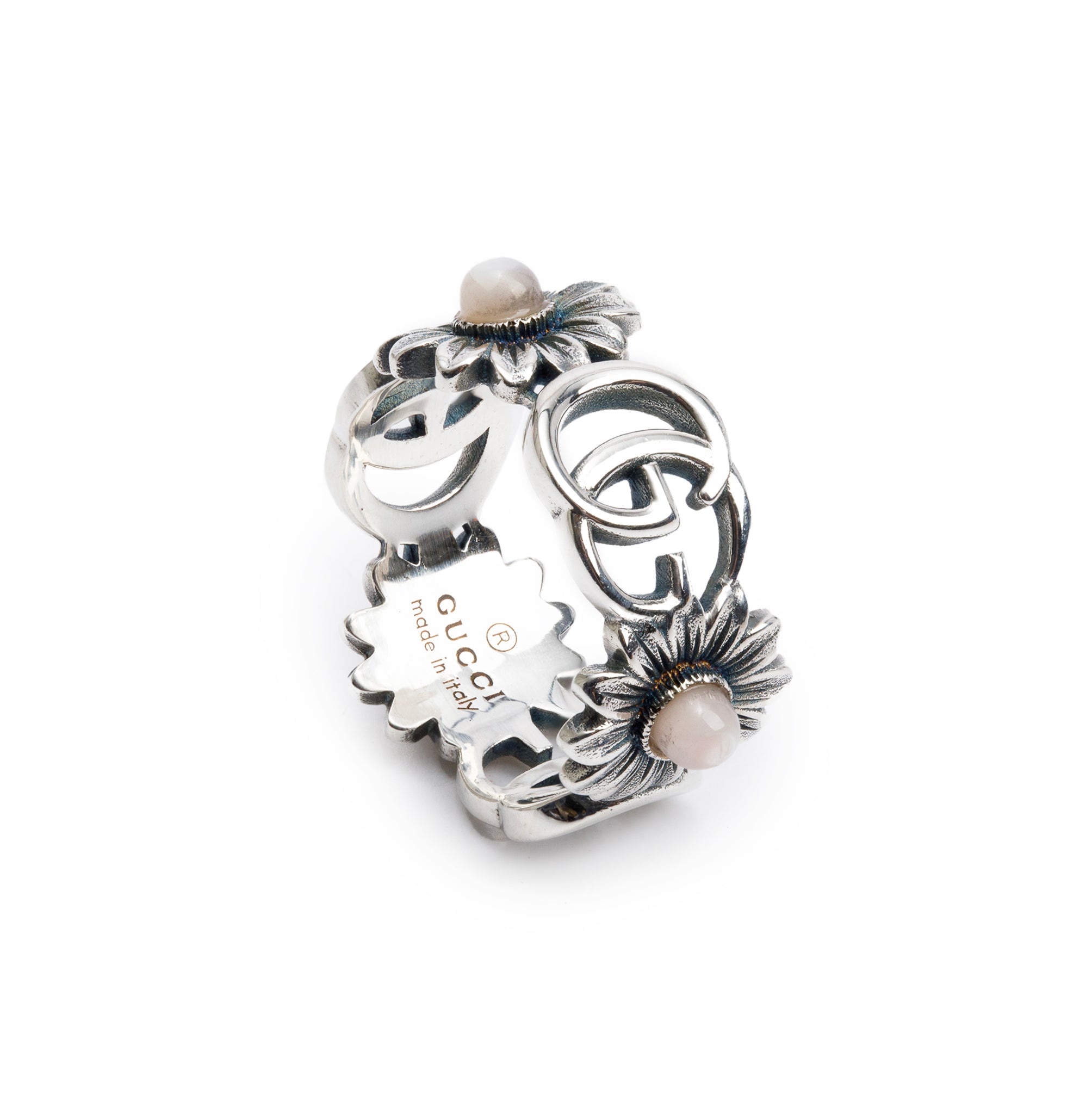 Gucci Sterling Silver Pink Mother of Pearl Double G Ring, Size 11 5.5