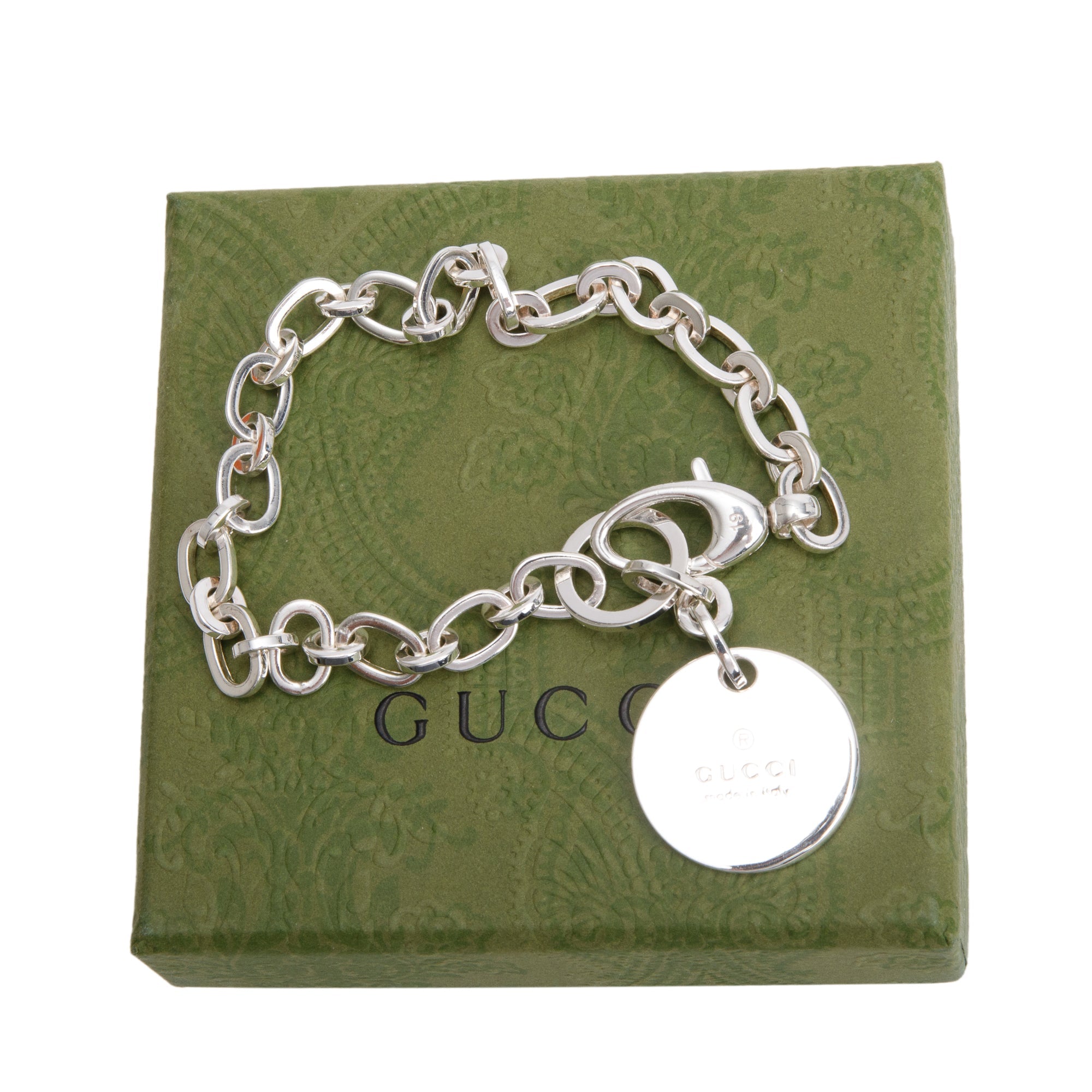Gucci Sterling Silver Round Tag Bracelet w/ Box