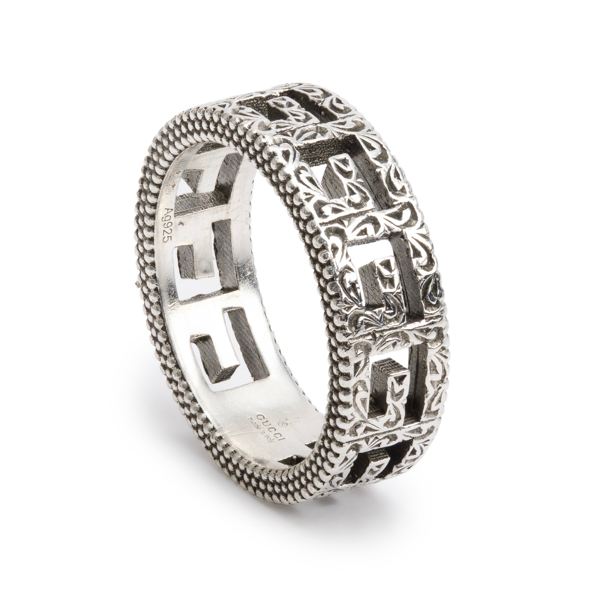 Gucci Sterling Silver Square G Wide Ring, Size 14 6.75 w/ Box