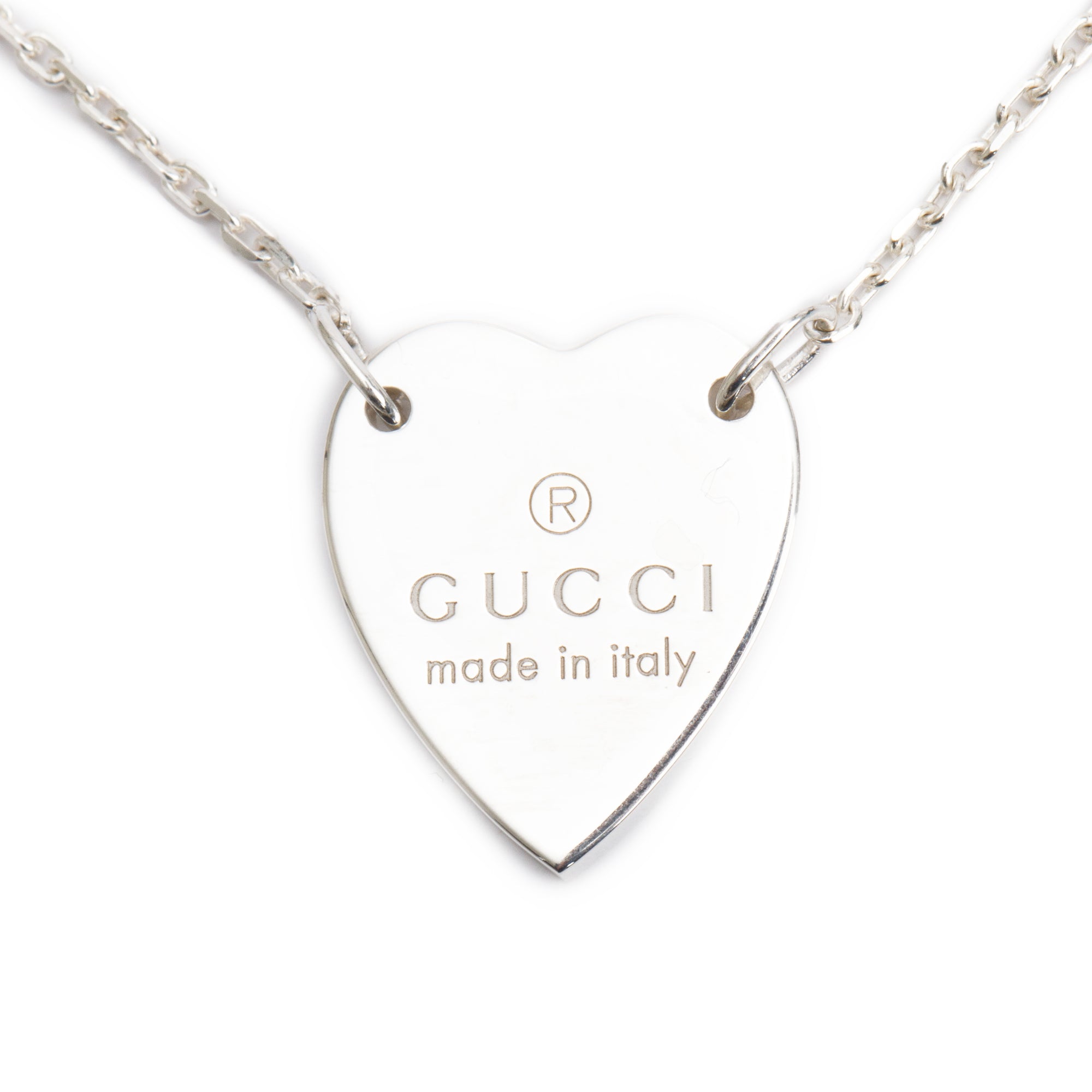 Gucci Sterling Silver Trademark Heart Pendant Necklace w/ Box