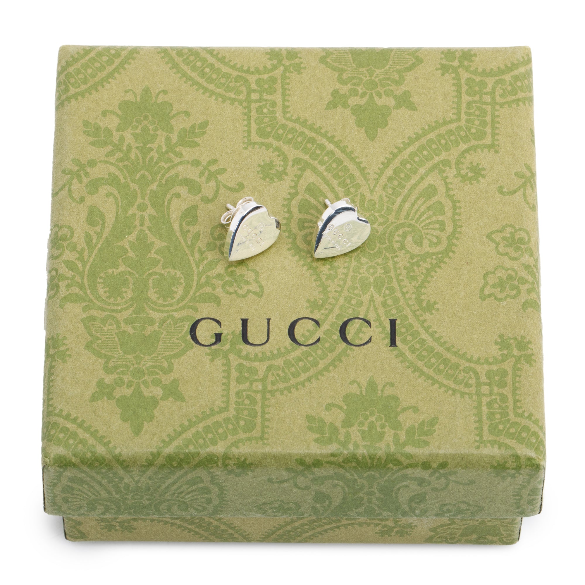 Gucci Sterling Silver Trademark Heart Stud Earrings w/ Box