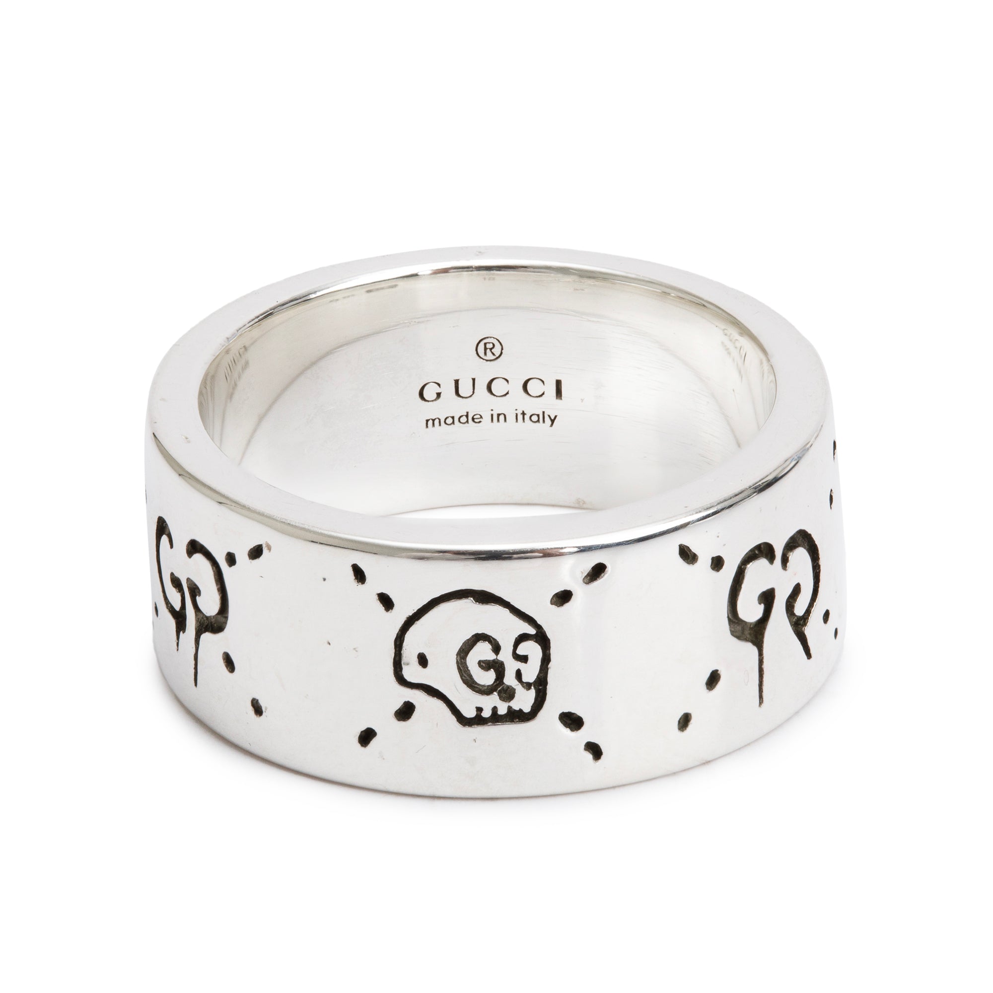 Gucci Sterling Silver Wide 9 MM Ghost Ring, Size 15 7