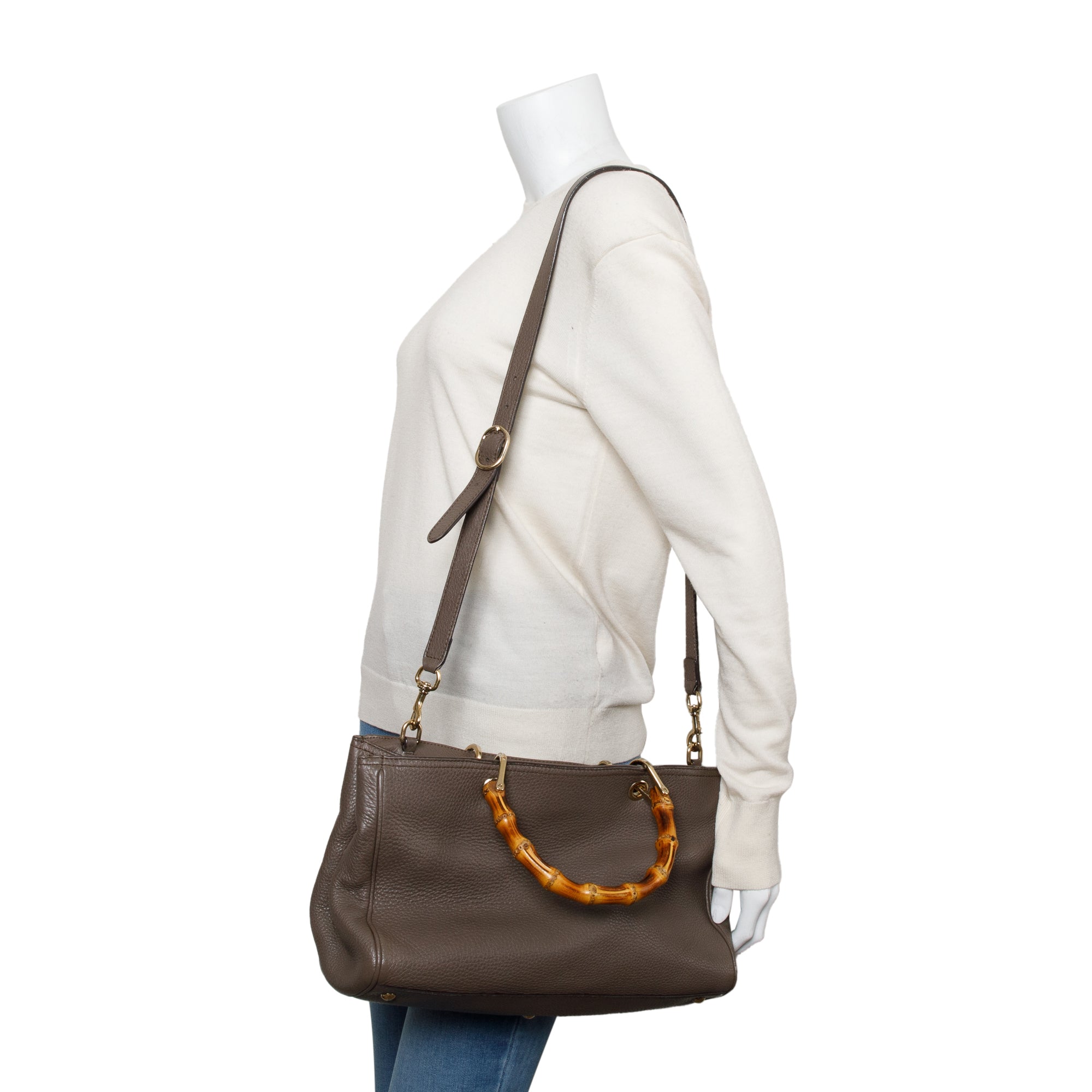 Gucci Taupe Calfskin Leather Medium Bamboo Shopper Tote w/ Strap