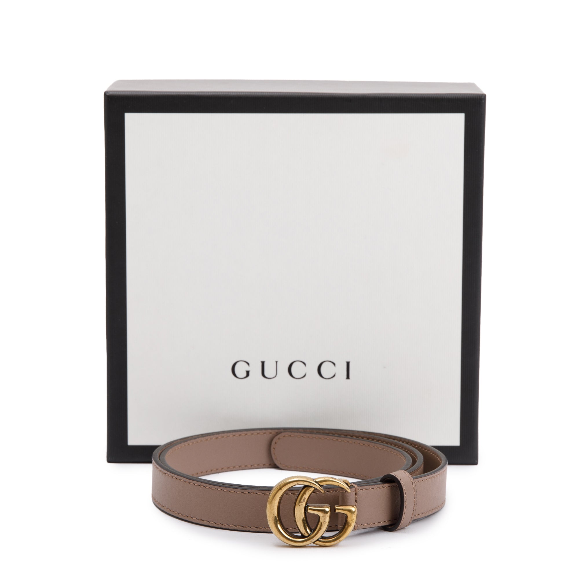 Gucci Thin Beige Leather Belt with Double G Buckle, 85 34 w/ Box