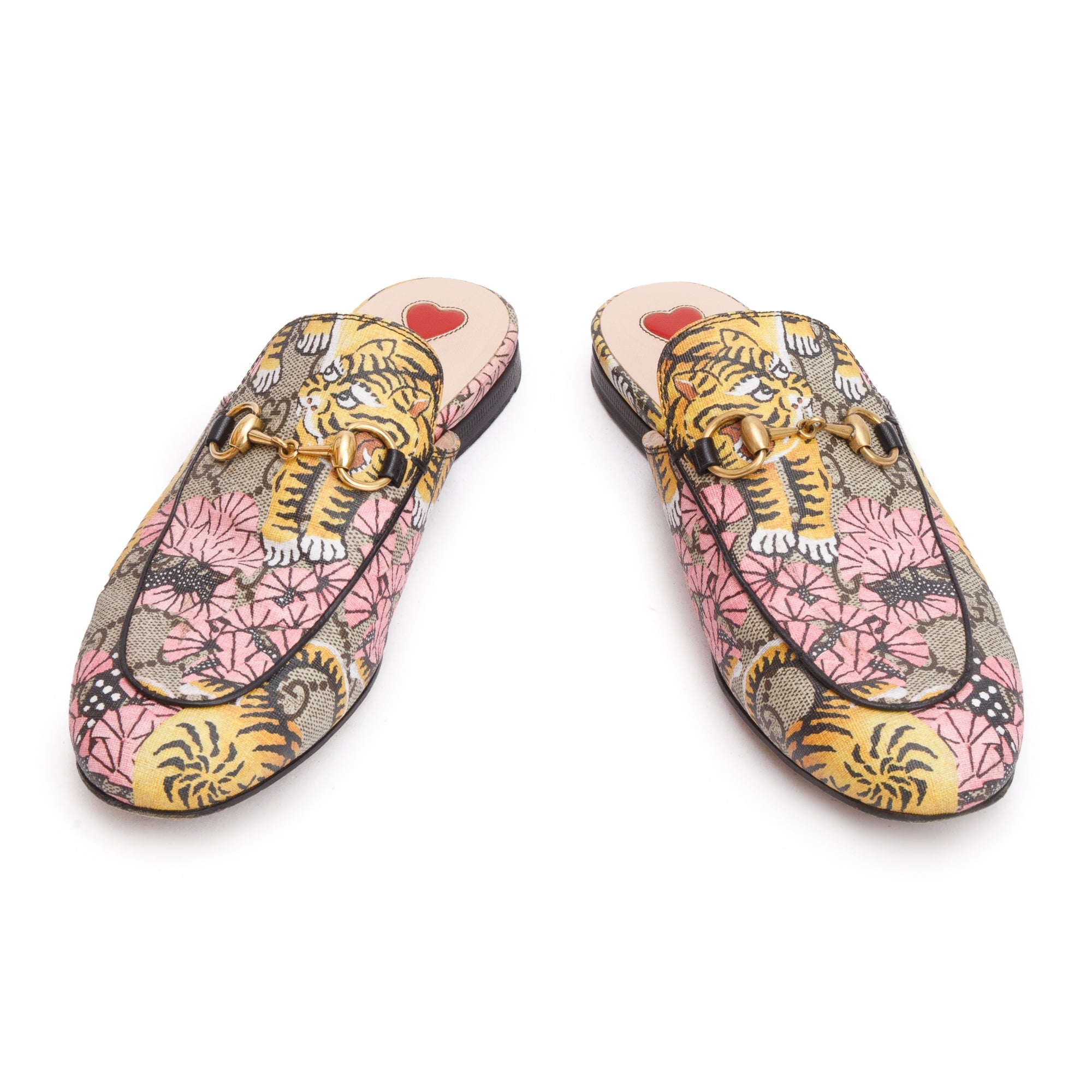 Gucci Tiger Print GG Supreme Horsebit Mules, Size 36