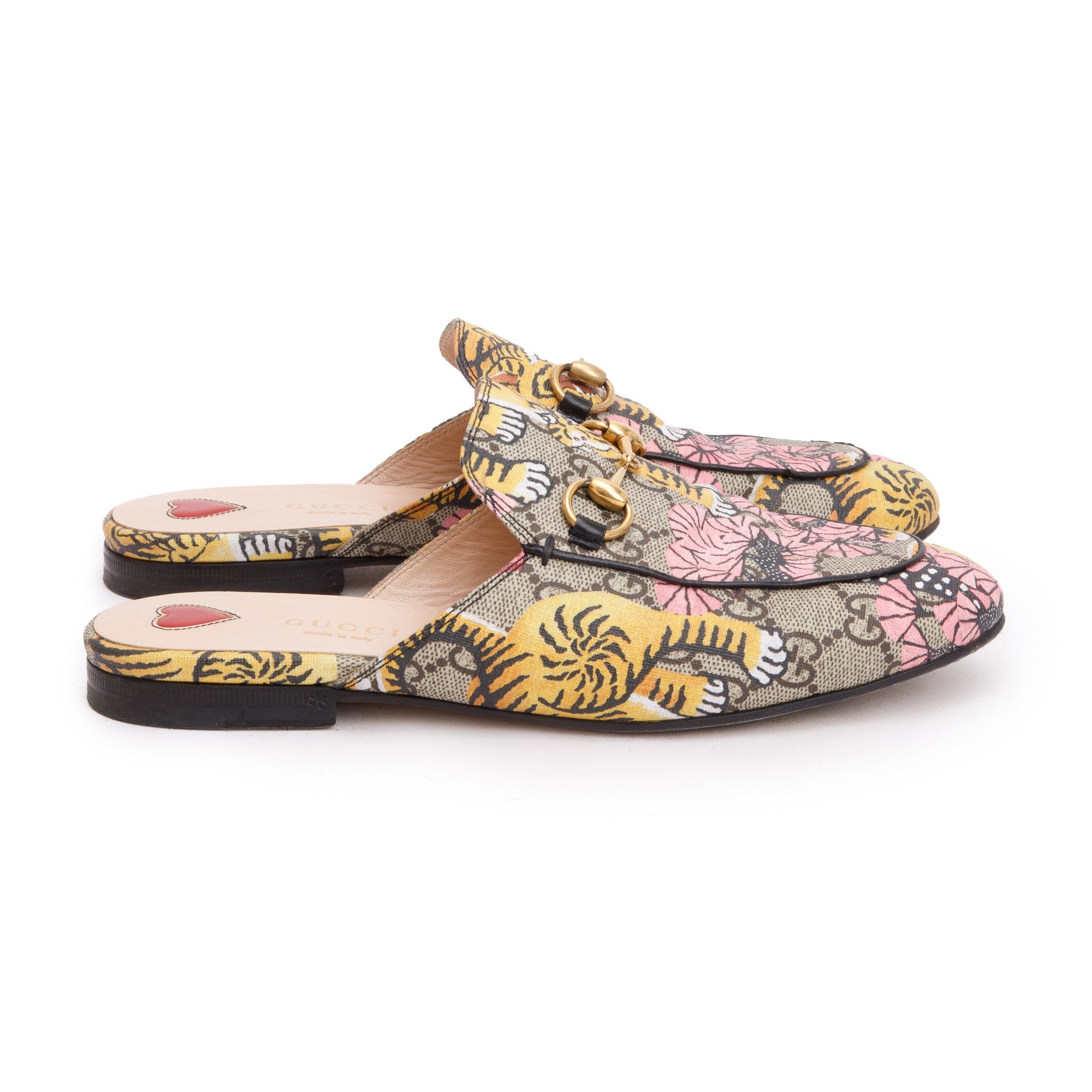 Gucci Tiger Print GG Supreme Horsebit Mules, Size 36