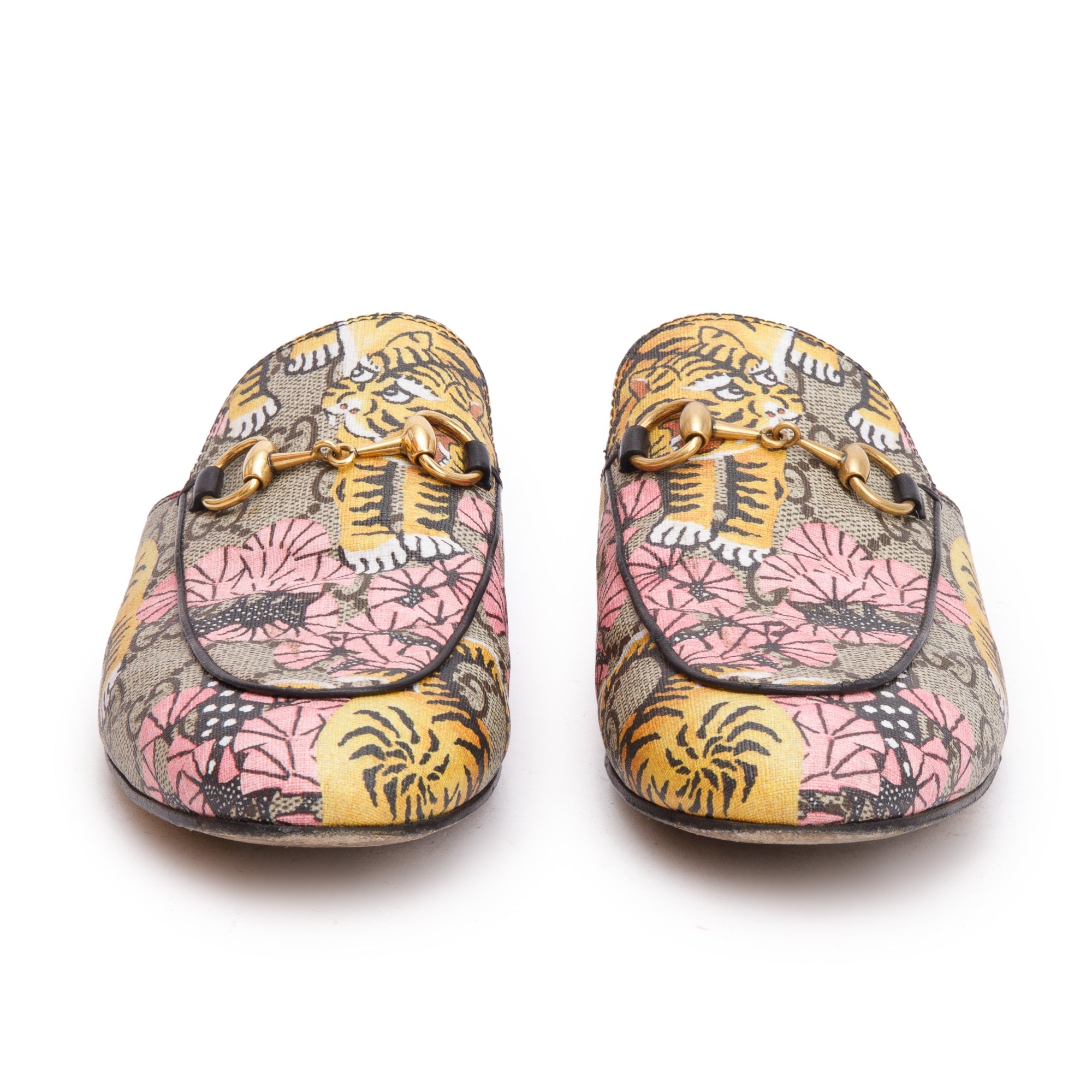Gucci Tiger Print GG Supreme Horsebit Mules, Size 36