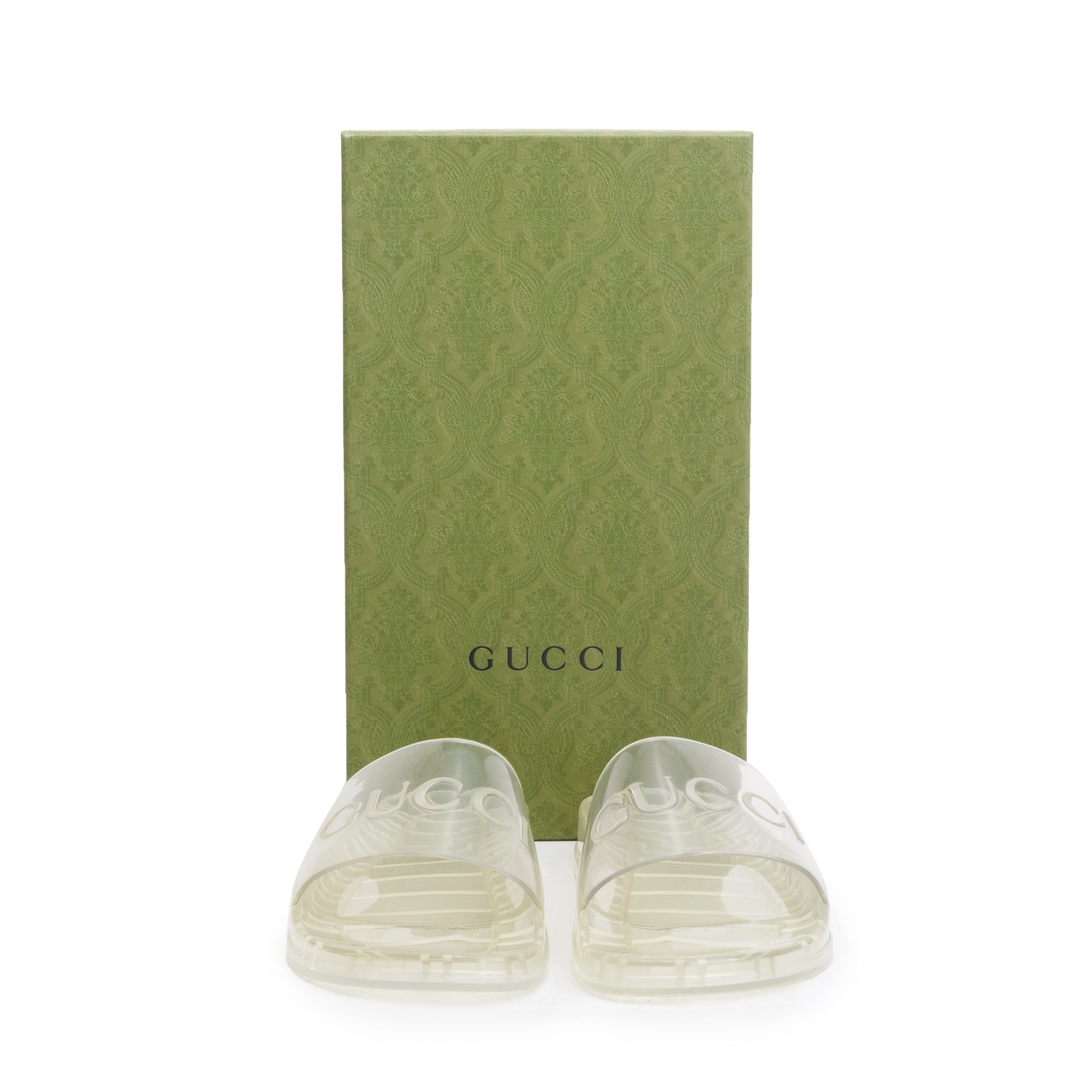 Gucci Transparent Rubber Logo Slides, Size 11 w/ Box