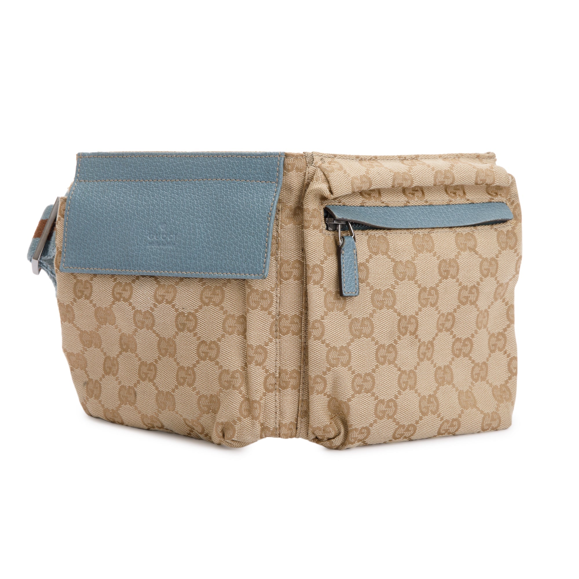 Gucci Vintage GG Canvas Blue Leather Double Pocket Belt Bag