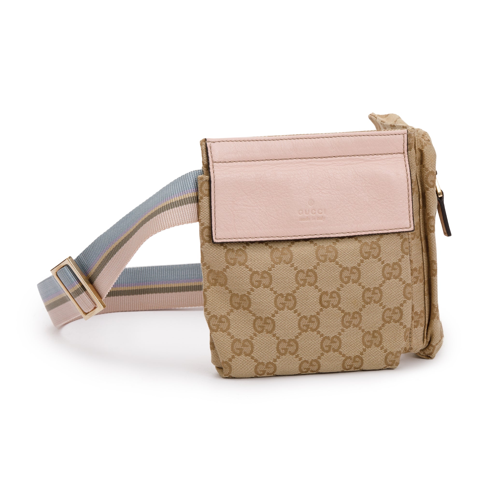 Gucci Vintage GG Canvas Pink Leather Double Pocket Belt Bag