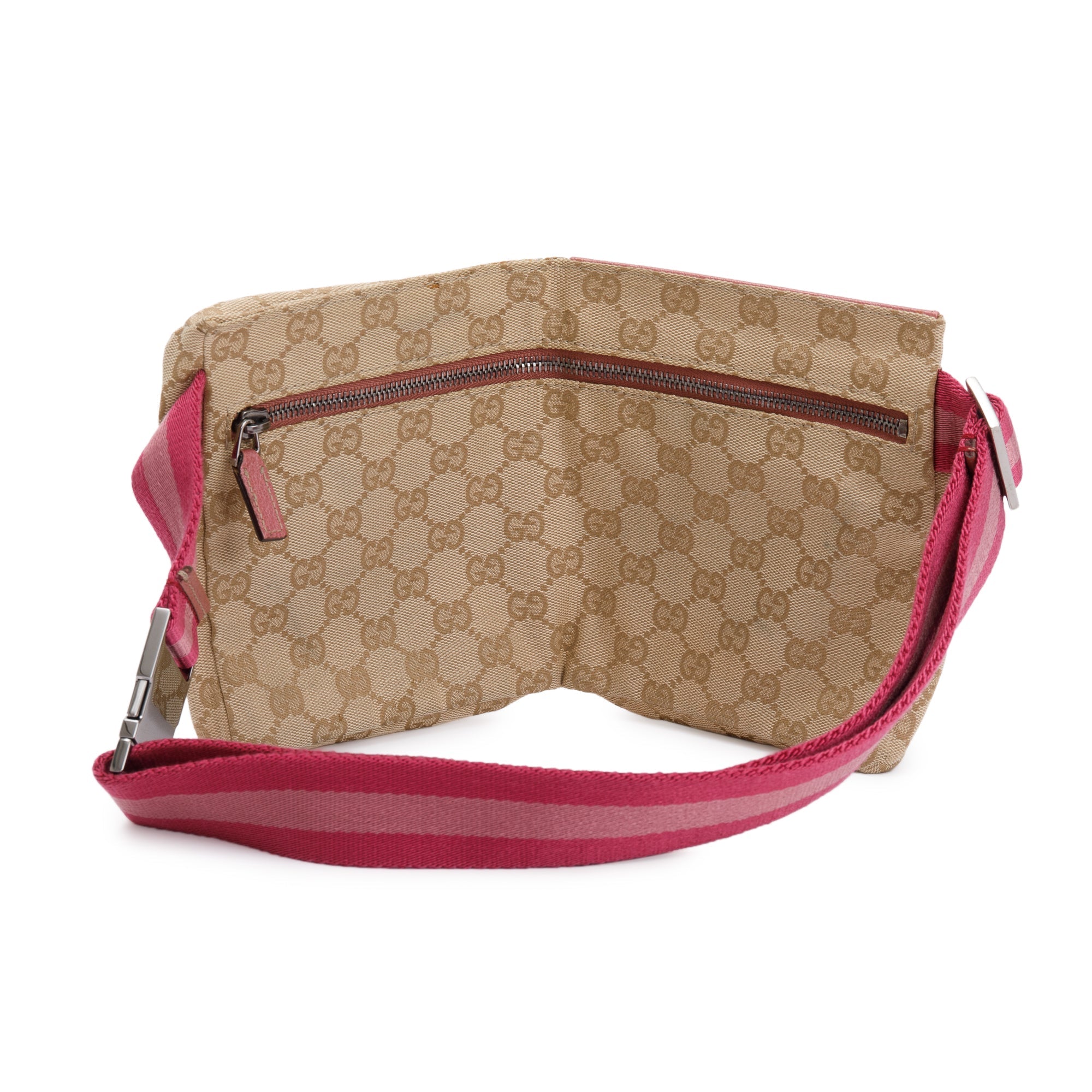 Gucci Vintage GG Canvas Pink Leather Double Pocket Belt Bag