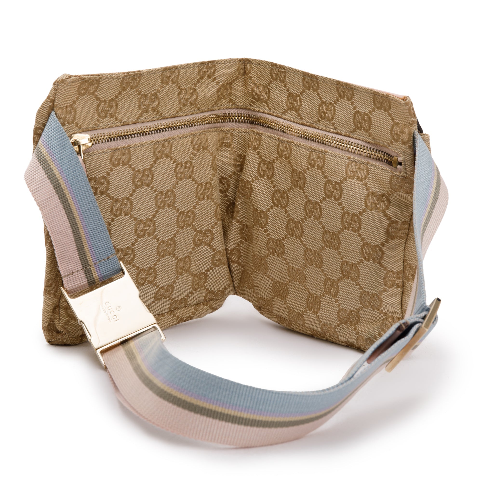 Gucci Vintage GG Canvas Pink Leather Double Pocket Belt Bag