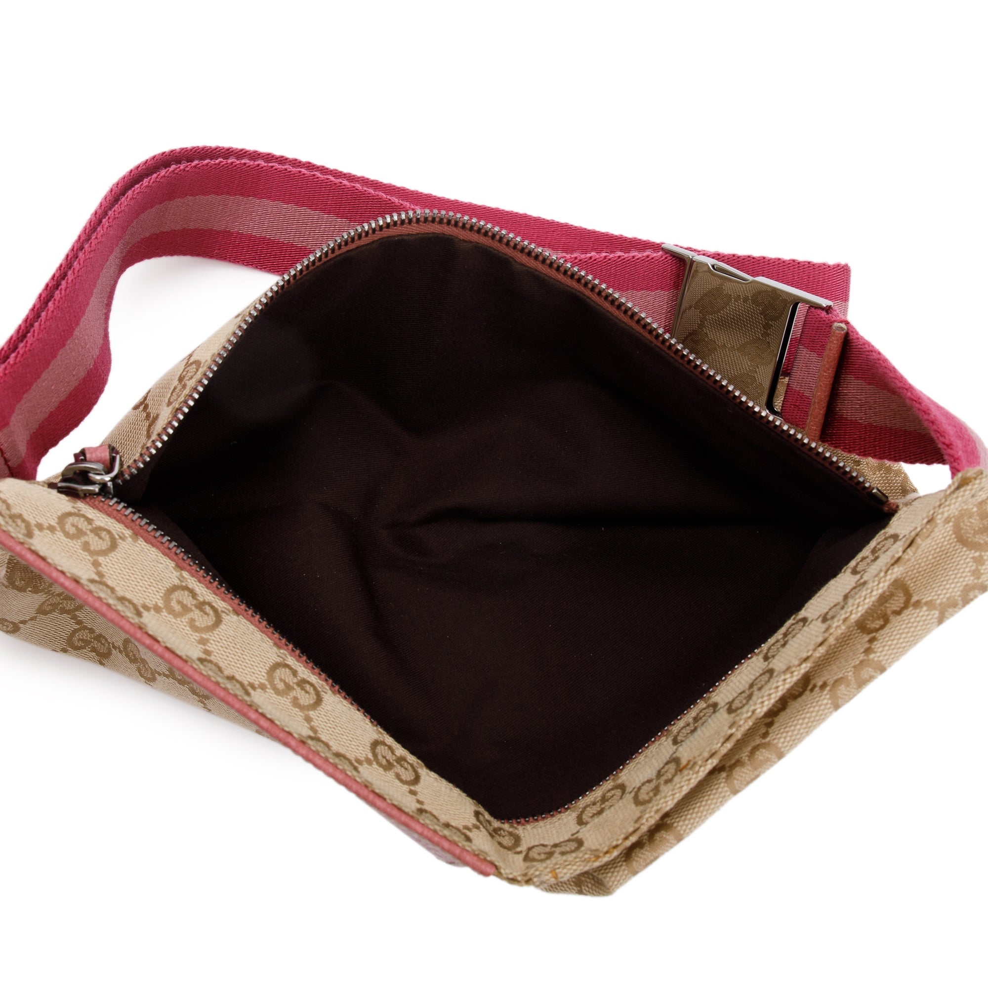 Gucci Vintage GG Canvas Pink Leather Double Pocket Belt Bag