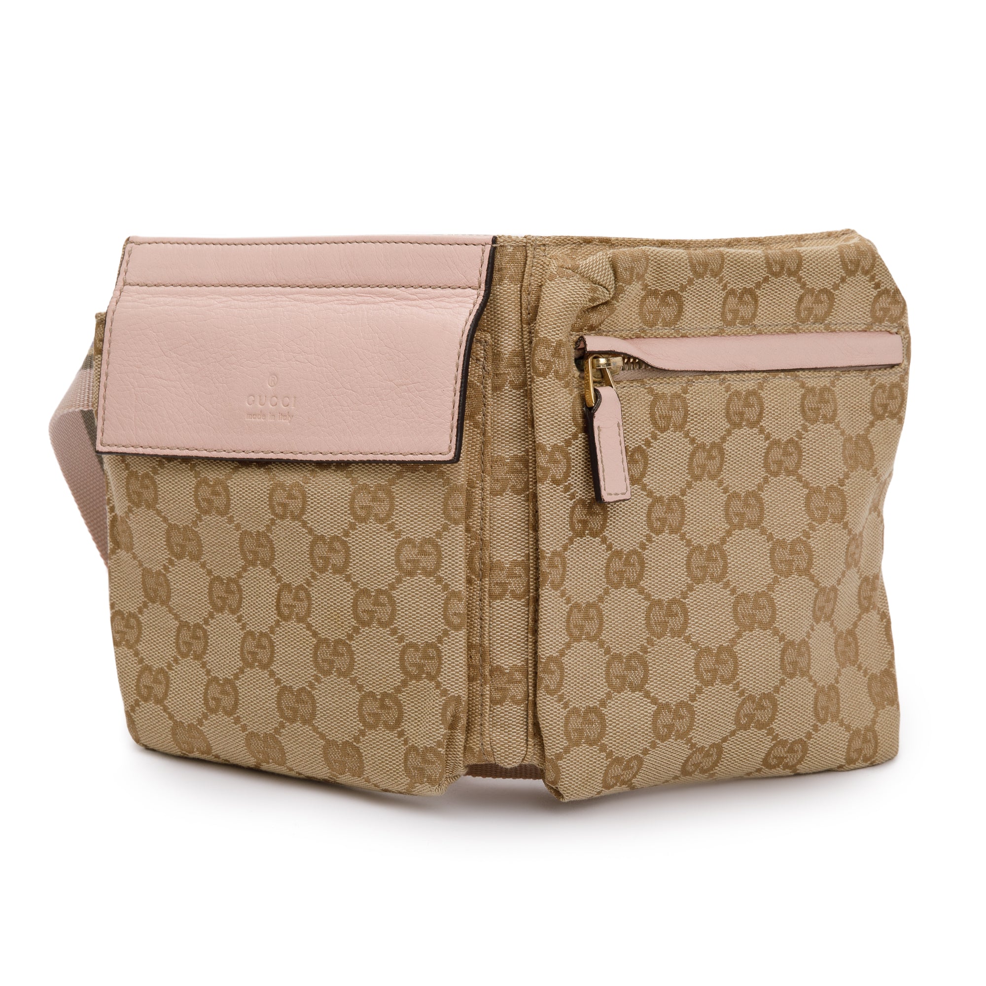 Gucci Vintage GG Canvas Pink Leather Double Pocket Belt Bag