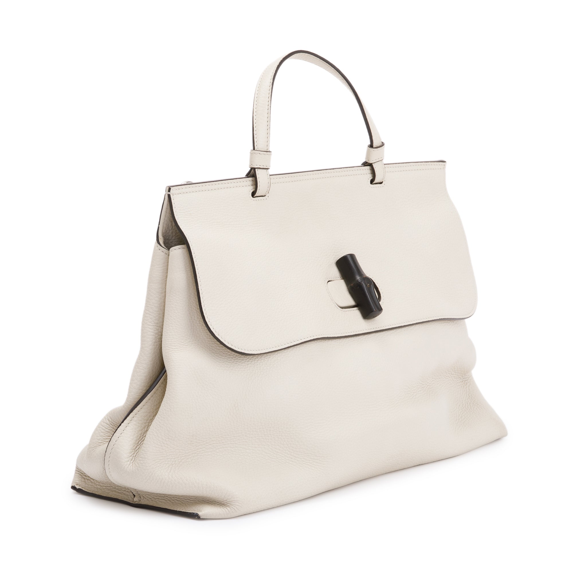 Gucci White Calfskin Leather Large Bamboo Daily Top Handle Bag w/ Strap