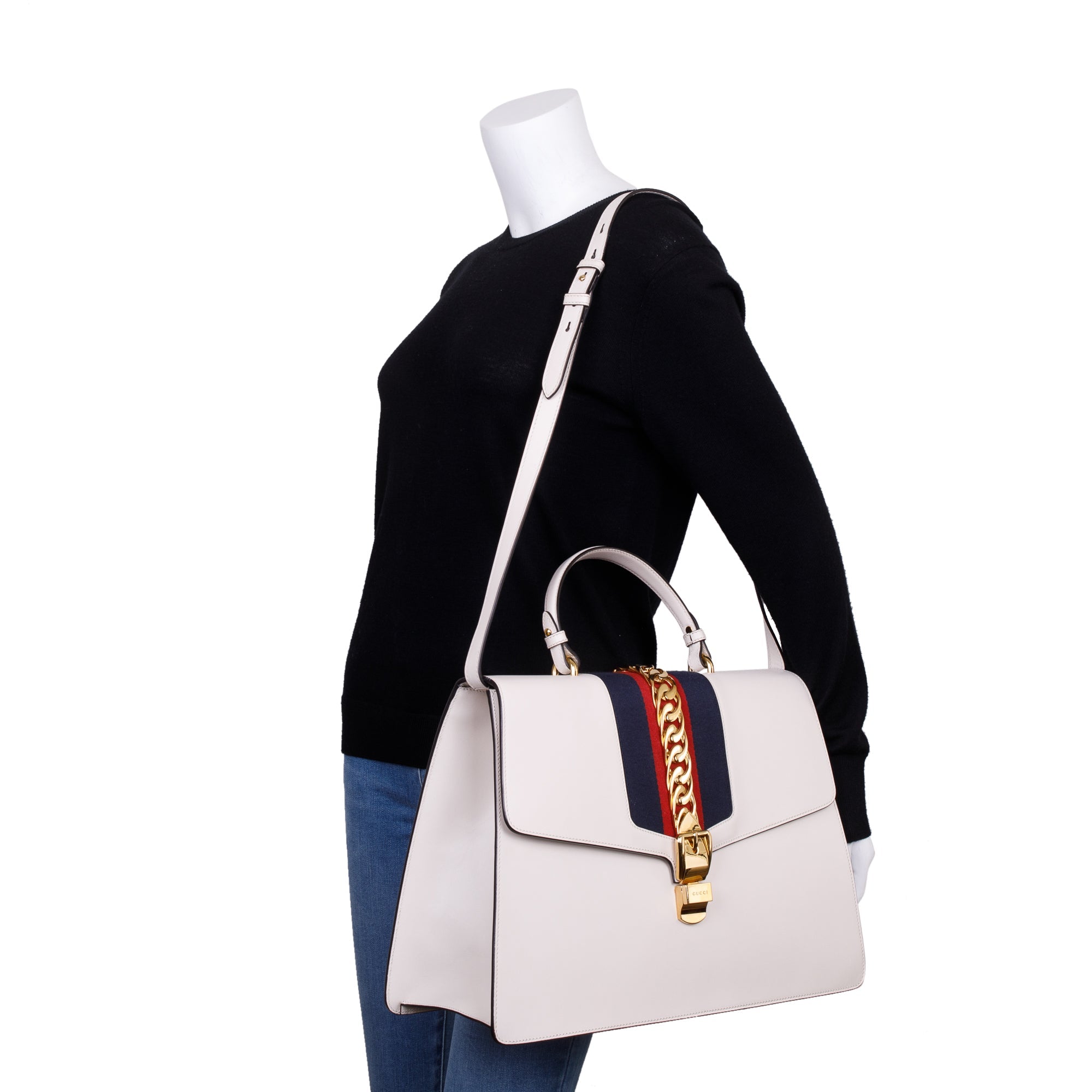 Gucci White Calfskin Leather Maxi Sylvie Handle Bag w/ Strap