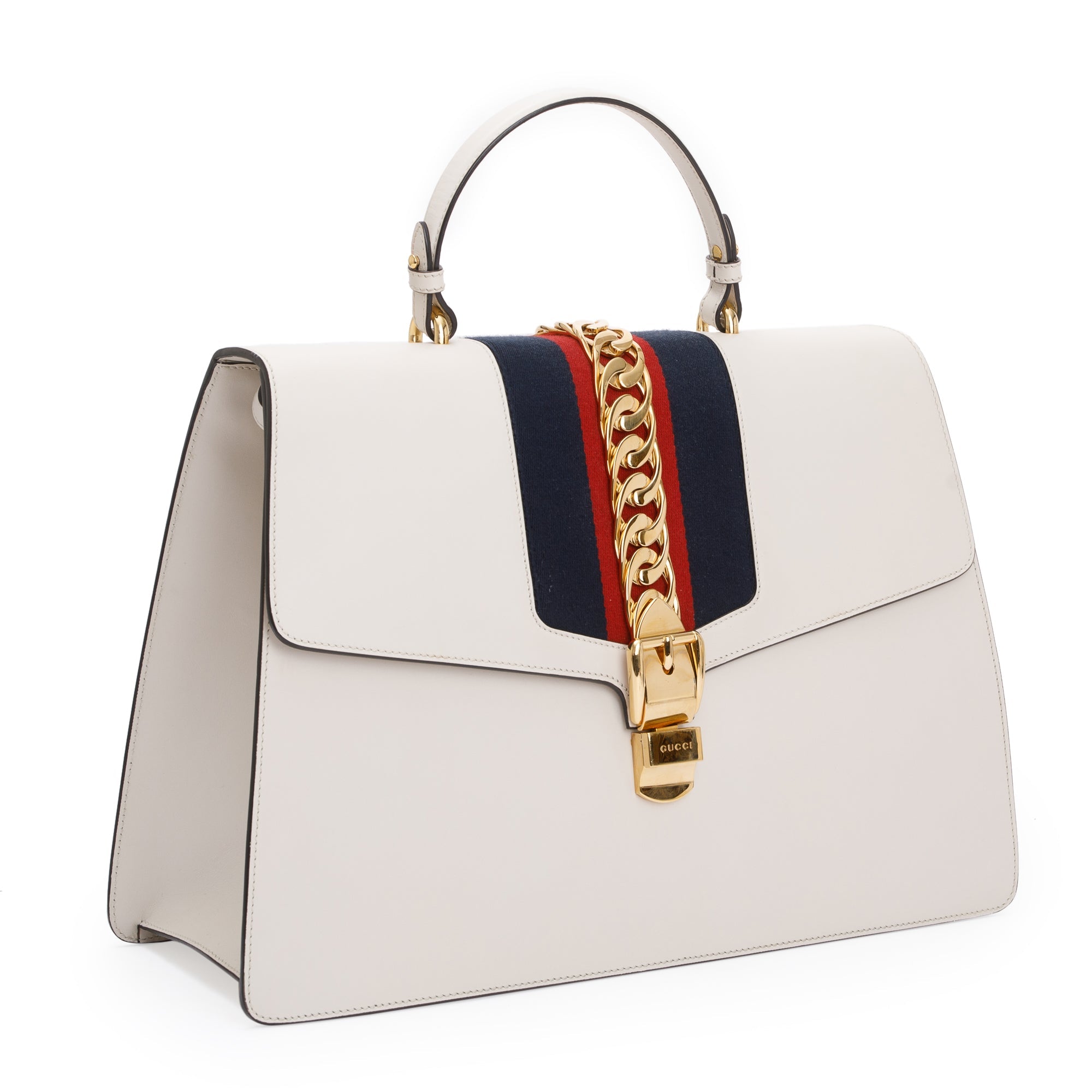 Gucci White Calfskin Leather Maxi Sylvie Handle Bag w/ Strap