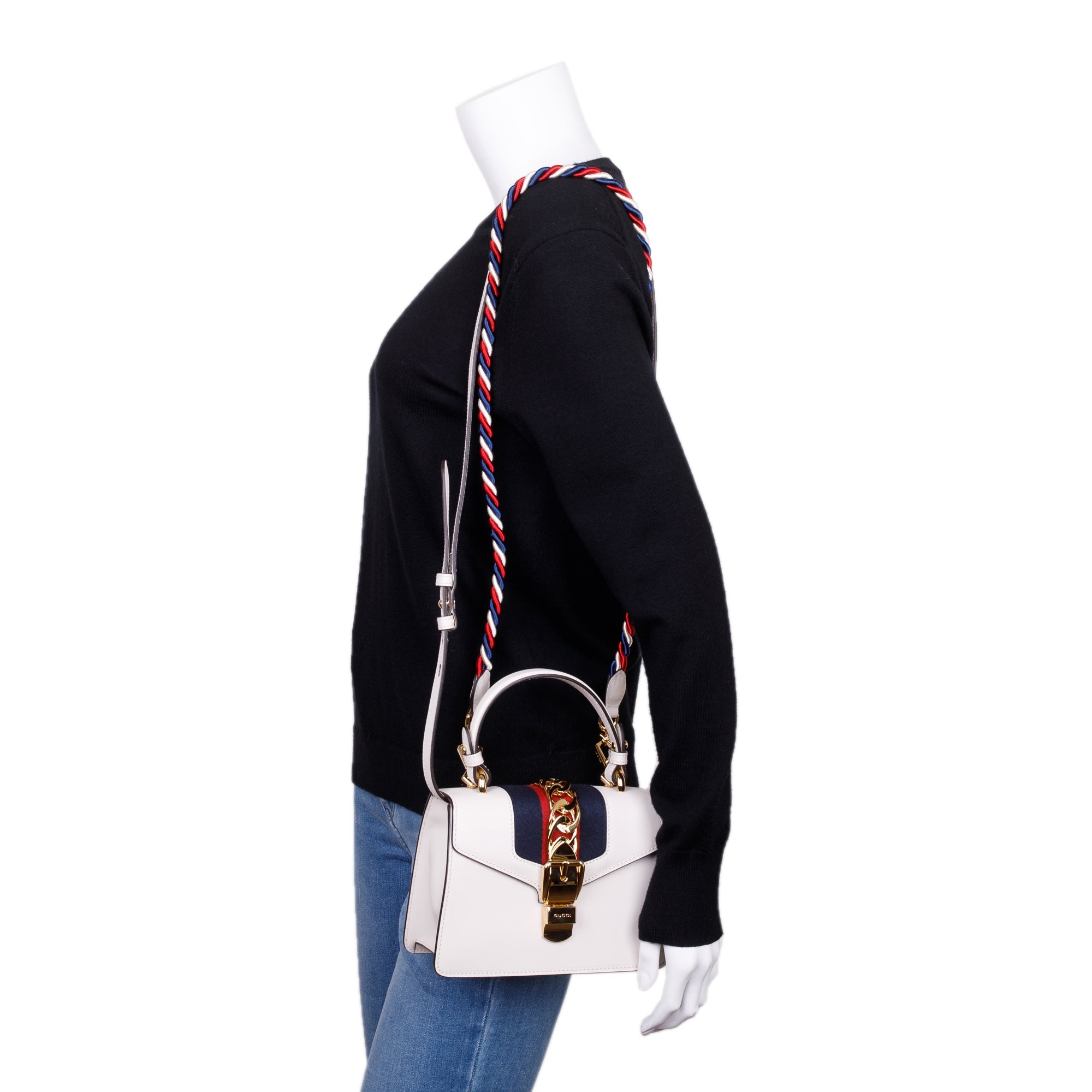 Gucci White Calfskin Leather Mini Sylvie Handle Bag w/ Straps