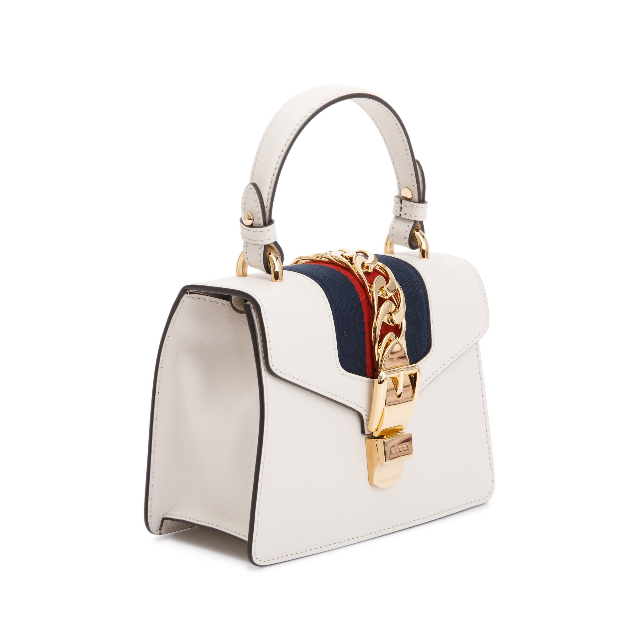 Gucci White Calfskin Leather Mini Sylvie Handle Bag w/ Straps