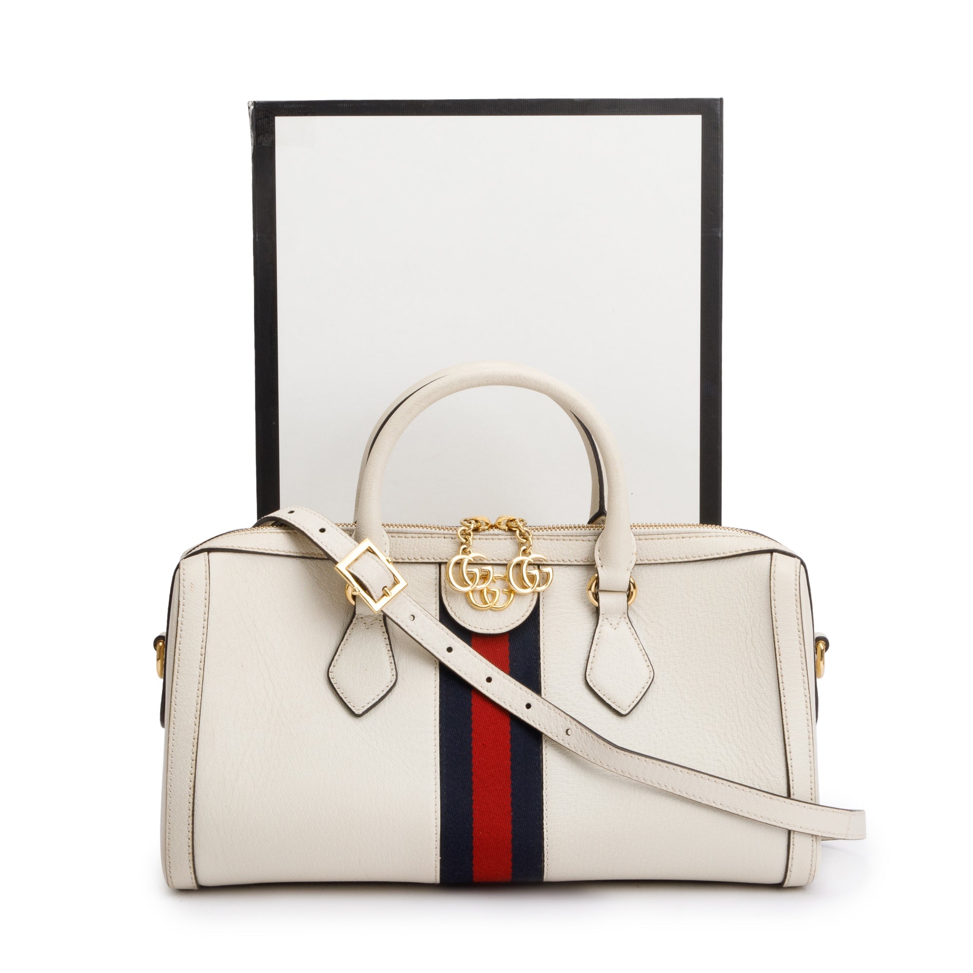 値下げ◆未使用新品GUCCI ホワイトケース 115255 B8694 Gucci White Calfskin Leather Web Medium Ophidia Boston Bag w